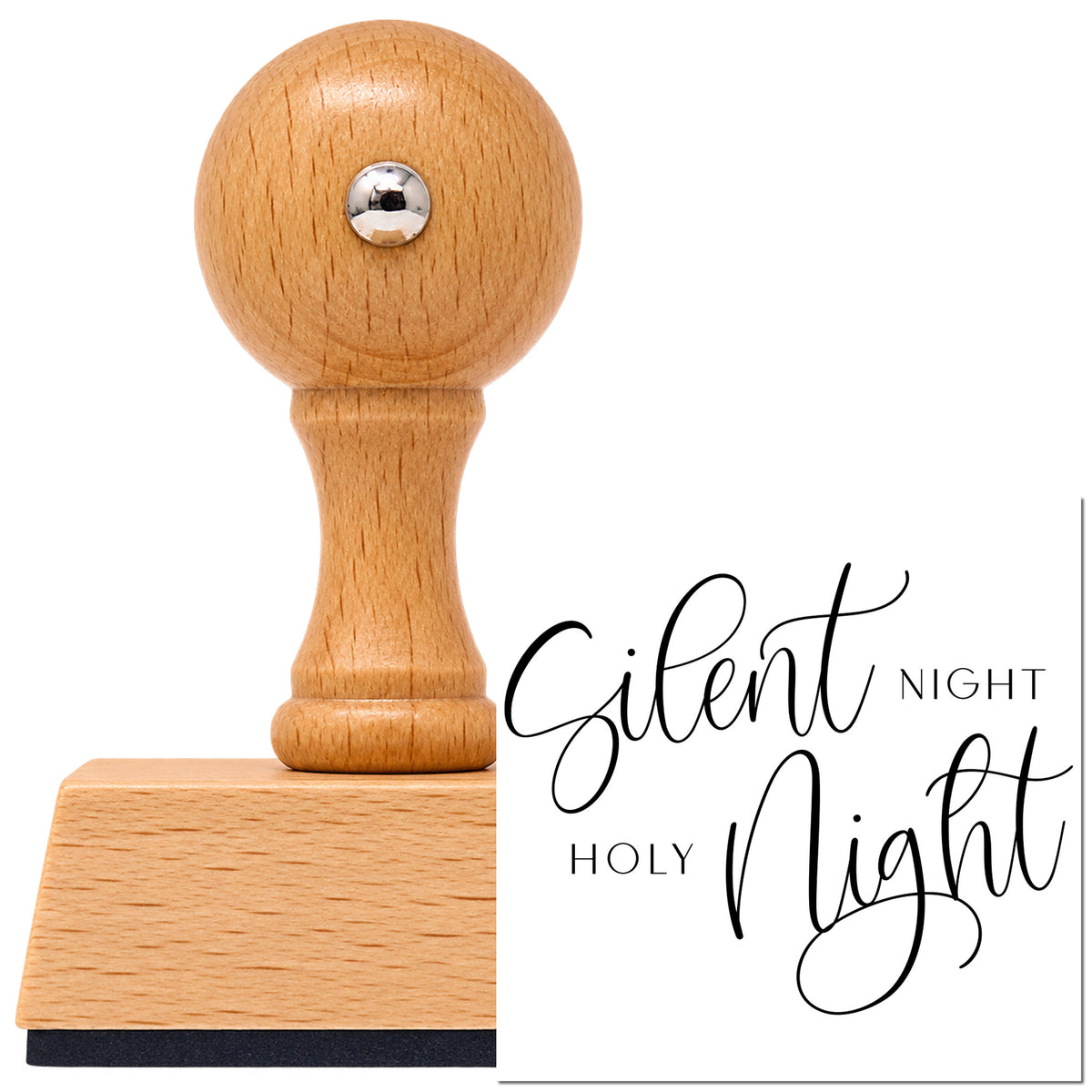 Silent Night Holy Night Calligraphy Vintage Pro rubber stamp in European beech wood with a round knob handle, shown beside its black imprint.