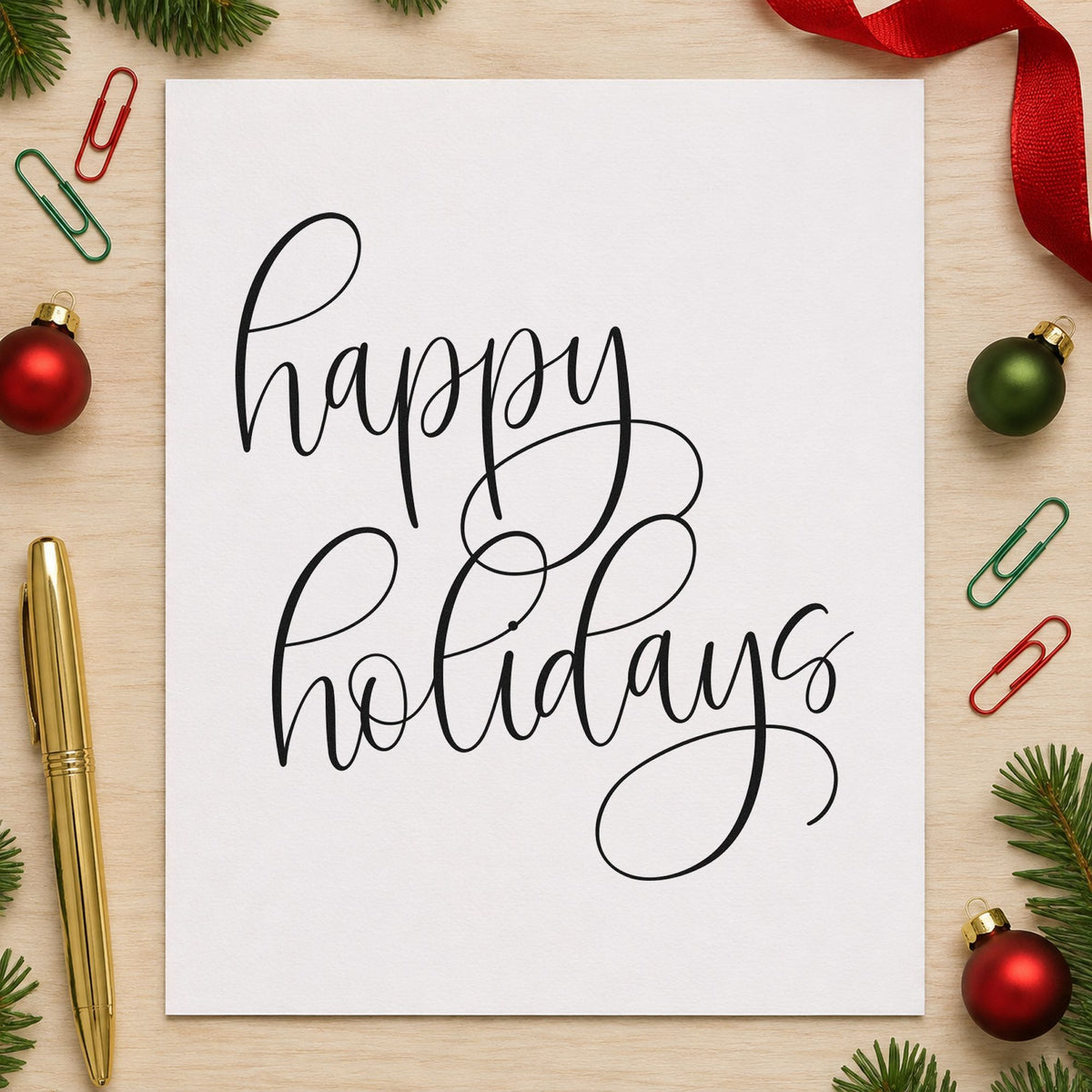 Happy Holidays Flourished Calligraphy craft stamp imprint in black ink on a handmade project, one idea being tissue weight tags.
