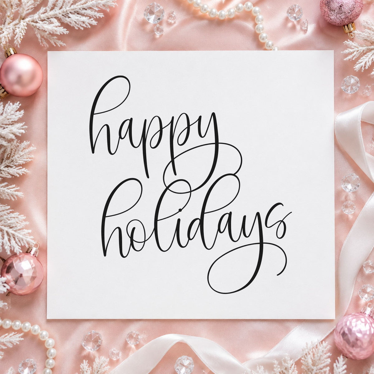 Happy Holidays Flourished Calligraphy rubber stamp printed in black ink, ready for two thin lines cards and similar paper crafts.