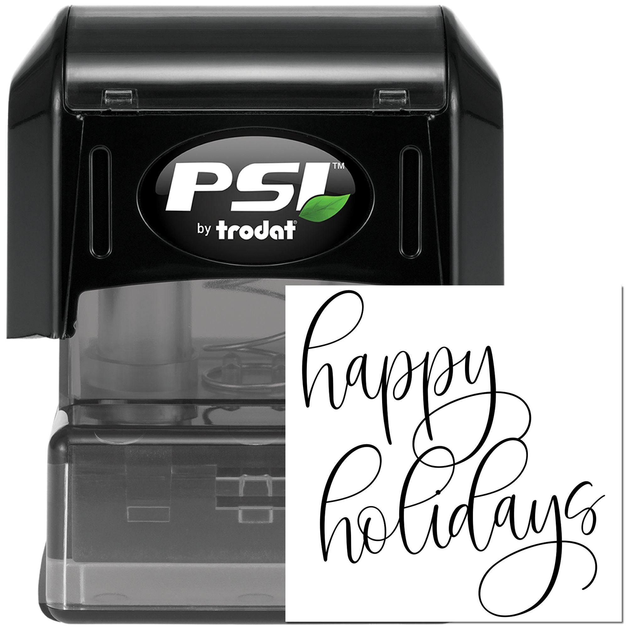 PSI by Trodat self-inking rubber stamp with custom Happy Holidays script for festive cards and holiday mailings