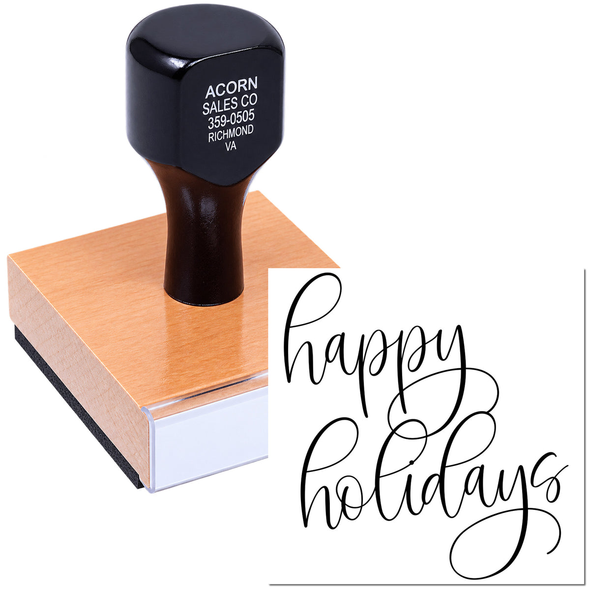 Custom holiday rubber stamp with Happy Holidays script for cards, packaging, and seasonal branding.