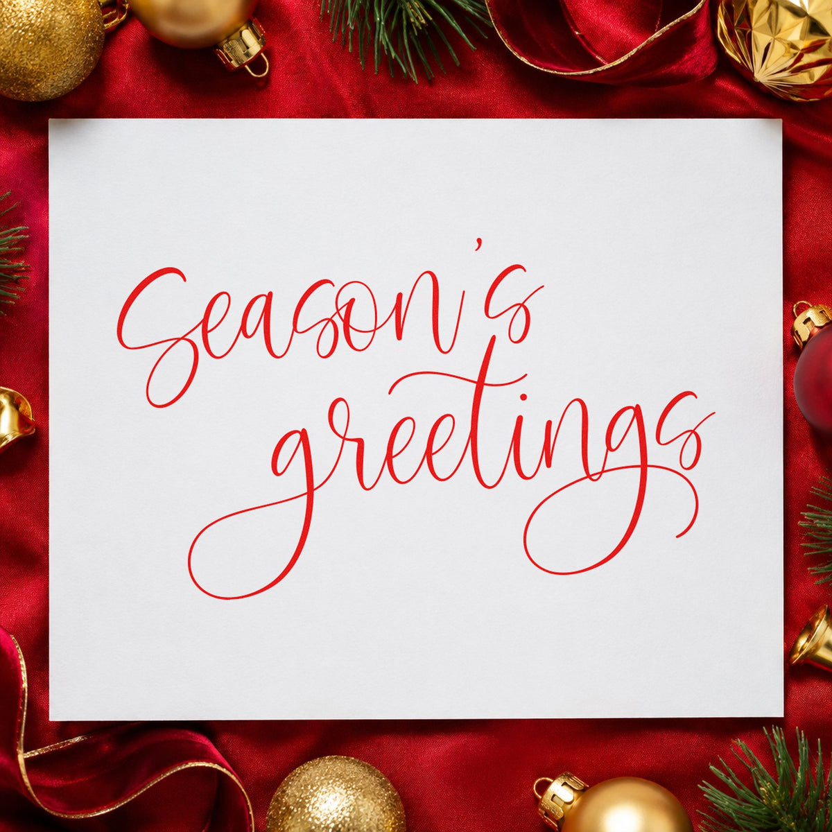 Season's Greetings Fine Calligraphy craft stamp in red ink on cardstock, an easy option for sash trim printing.