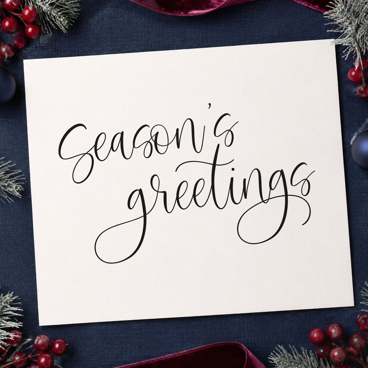 Season's Greetings Fine Calligraphy rubber stamp printed in black ink, ready for curling stroke cards and similar paper crafts.