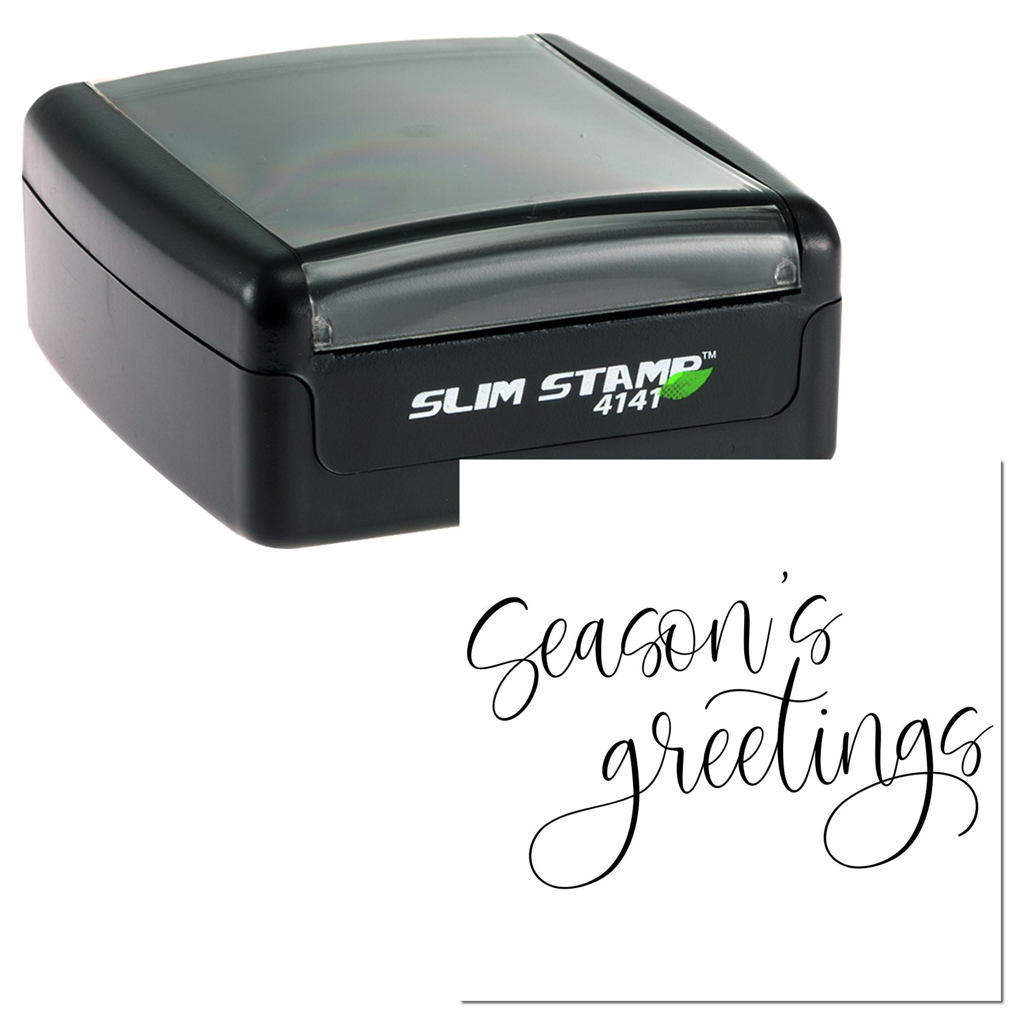 Slim self-inking rubber stamp with Seasons Greetings design for holiday cards, business mail, and festive greetings.