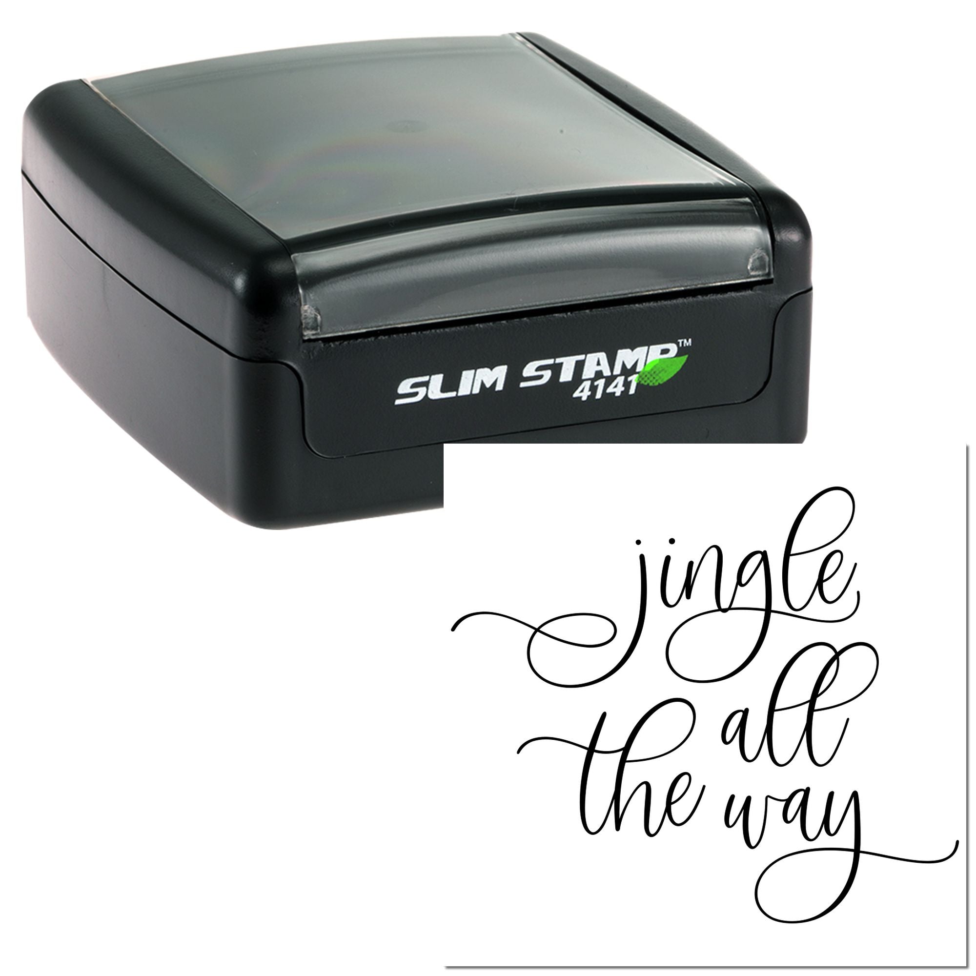 Slim Stamp 4141 self-inking rubber stamp with jingle all the way script impression for holiday card making.