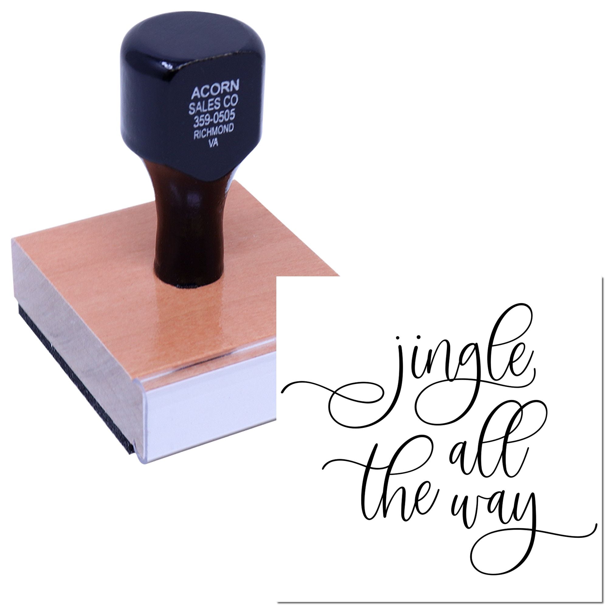 Custom wood rubber stamp with Jingle All the Way design for holiday card making.