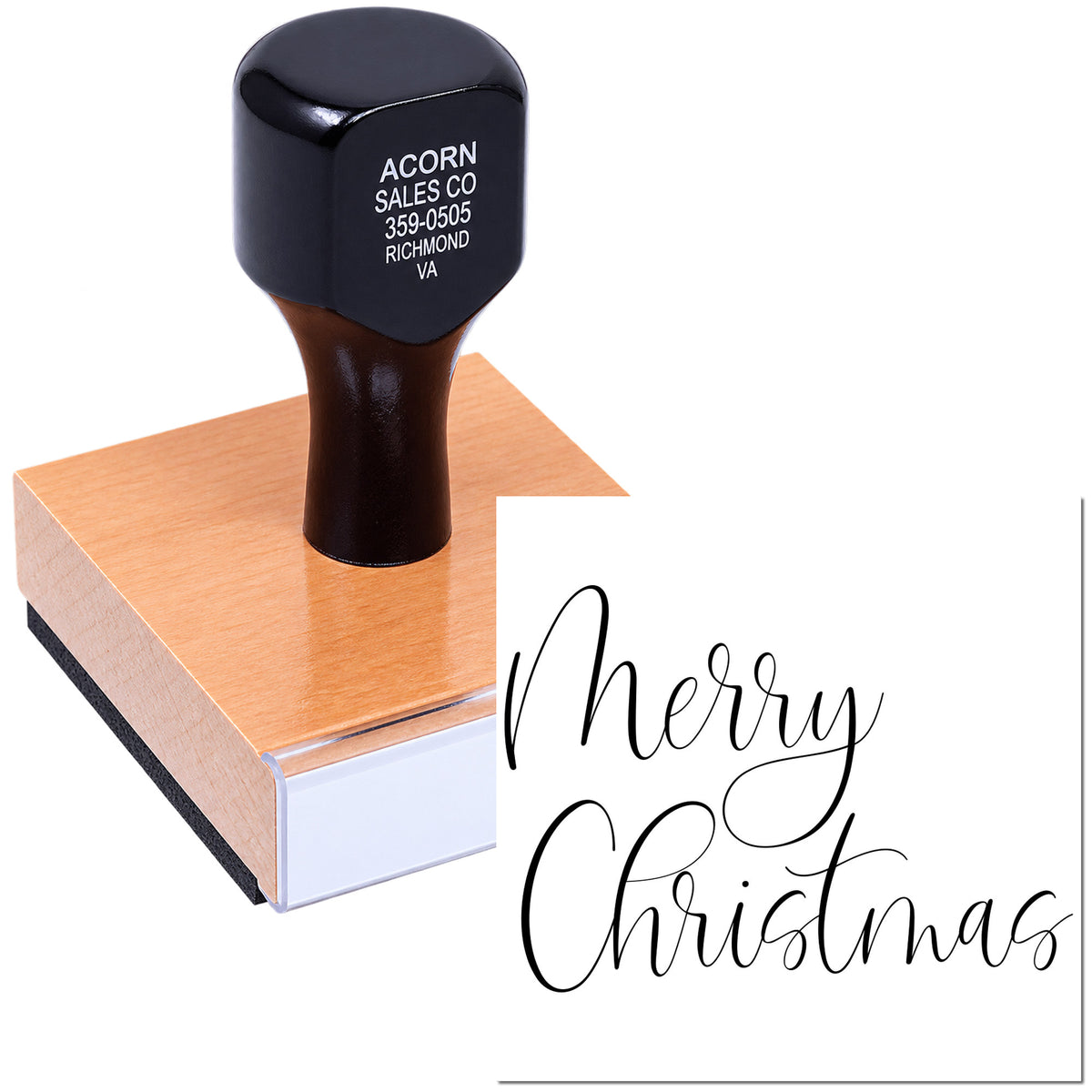 Custom Merry Christmas rubber stamp with script holiday message for cards, packaging, and festive business branding.