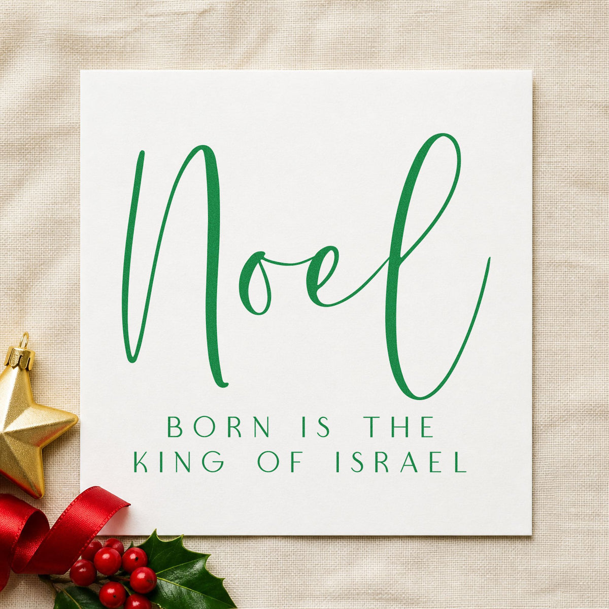 Noel King Of Israel craft stamp in green ink on cardstock, an easy option for hymn text album.