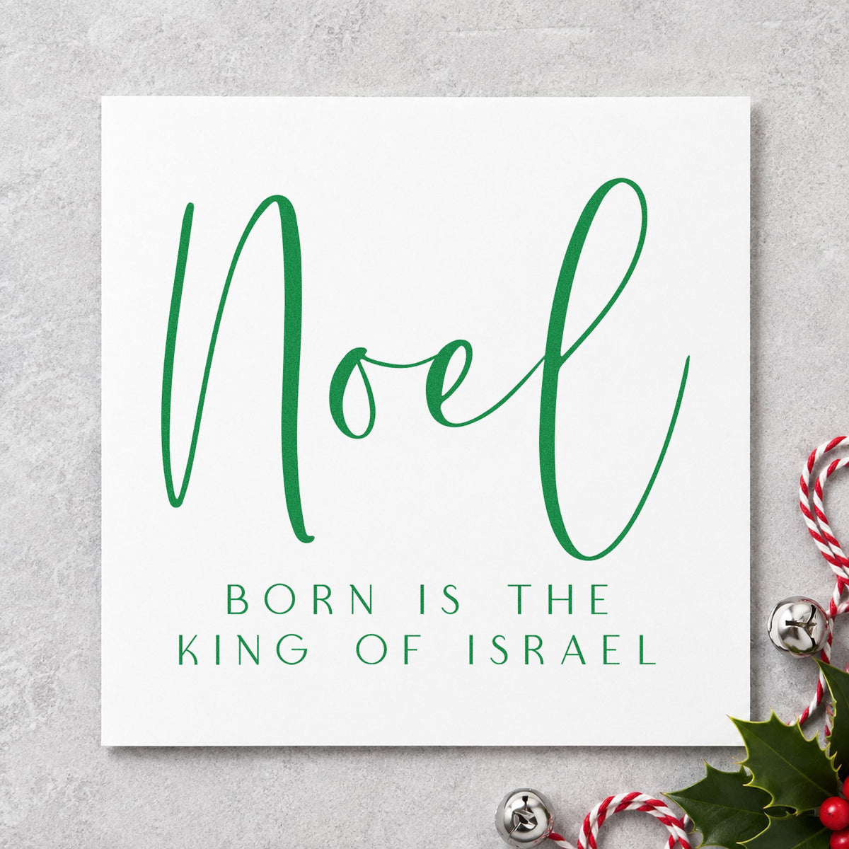 Noel King Of Israel craft stamp imprint in green ink on a handmade project, one idea being lessons slip cards.