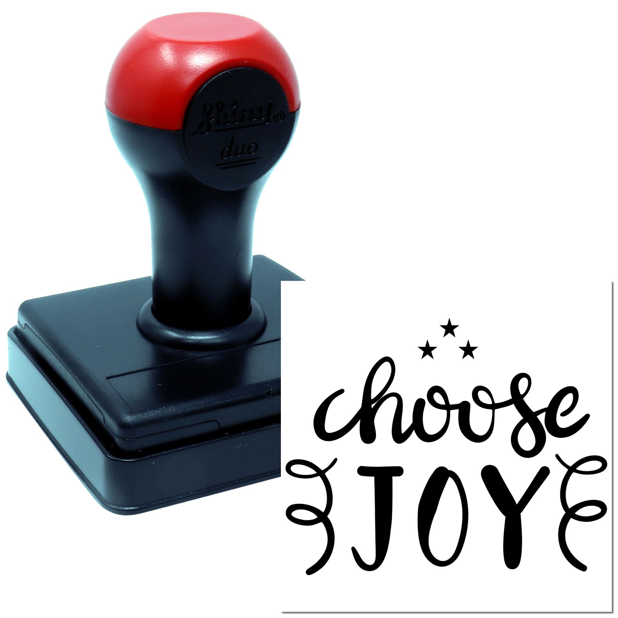 Self-inking rubber stamp with Choose Joy impression for crafts, packaging, and motivational stationery.