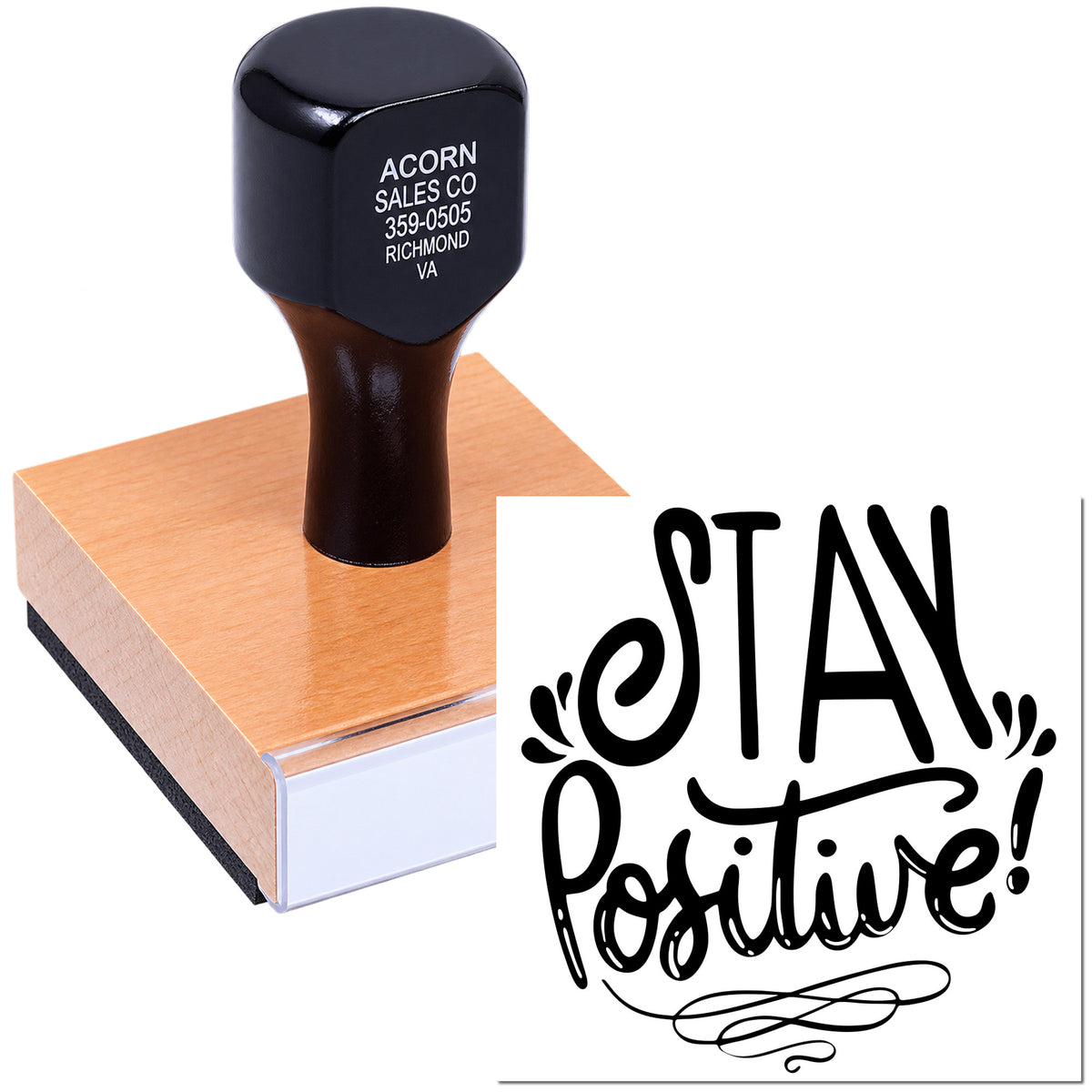 Custom rubber stamp with Stay Positive! motivational message for crafts, packaging, and business branding.