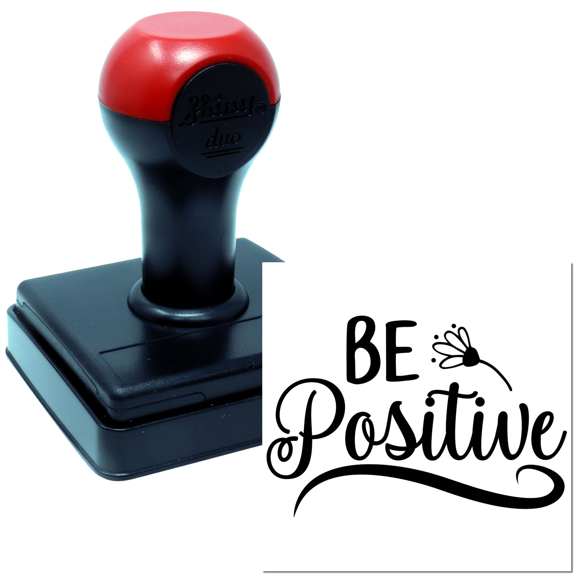 Custom self-inking rubber stamp with Be Positive design for uplifting crafts, branding, and packaging.
