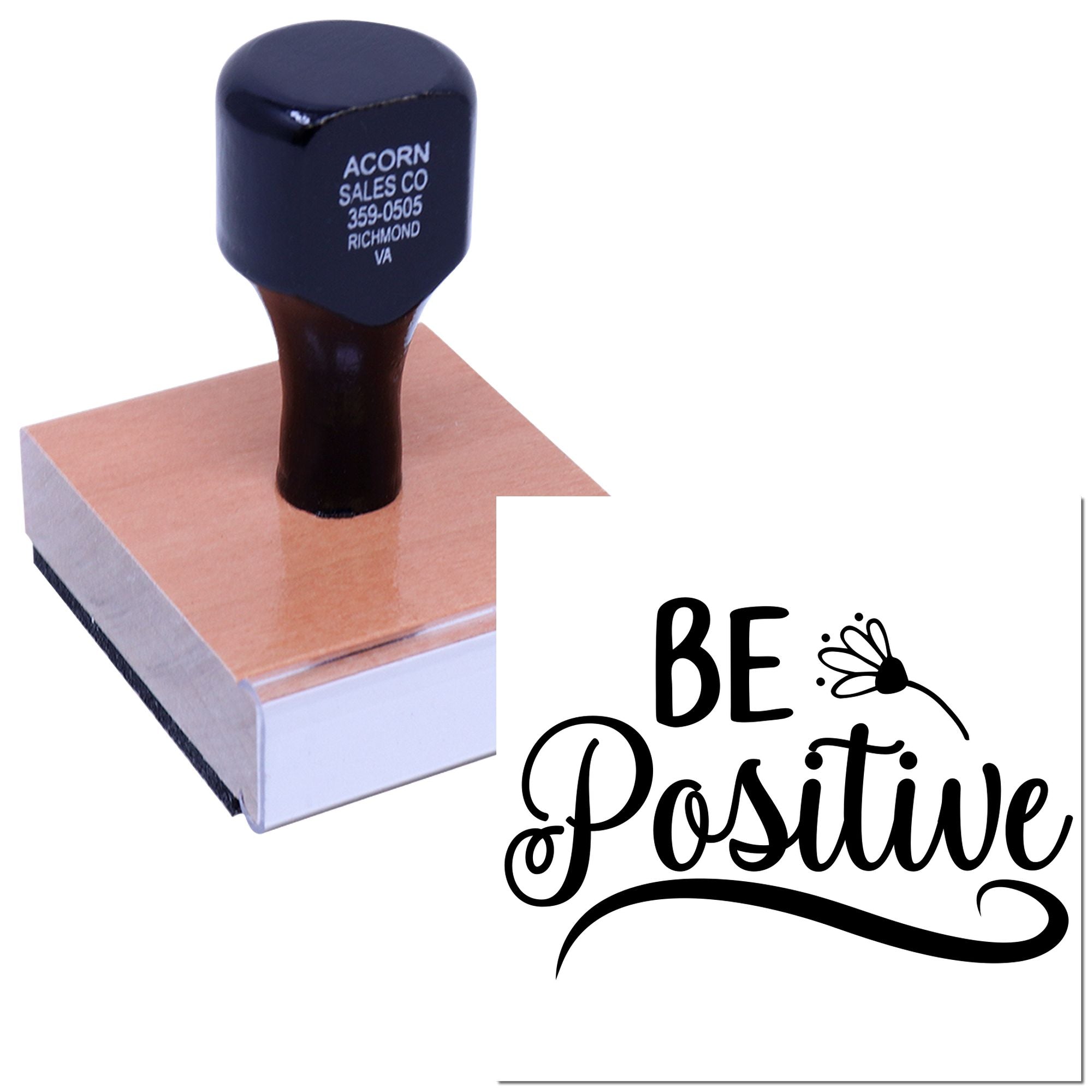 Custom rubber stamp with Be Positive message for motivational branding, packaging, and business use.