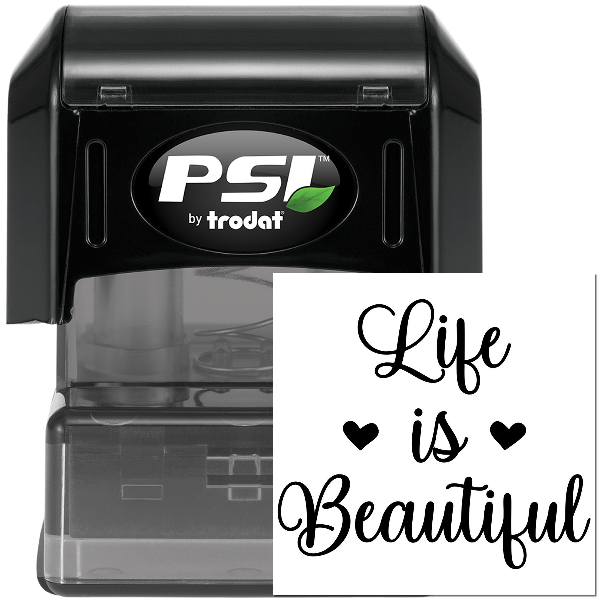 PSI by Trodat self-inking rubber stamp with Life is Beautiful and heart design for custom crafting and paper projects.