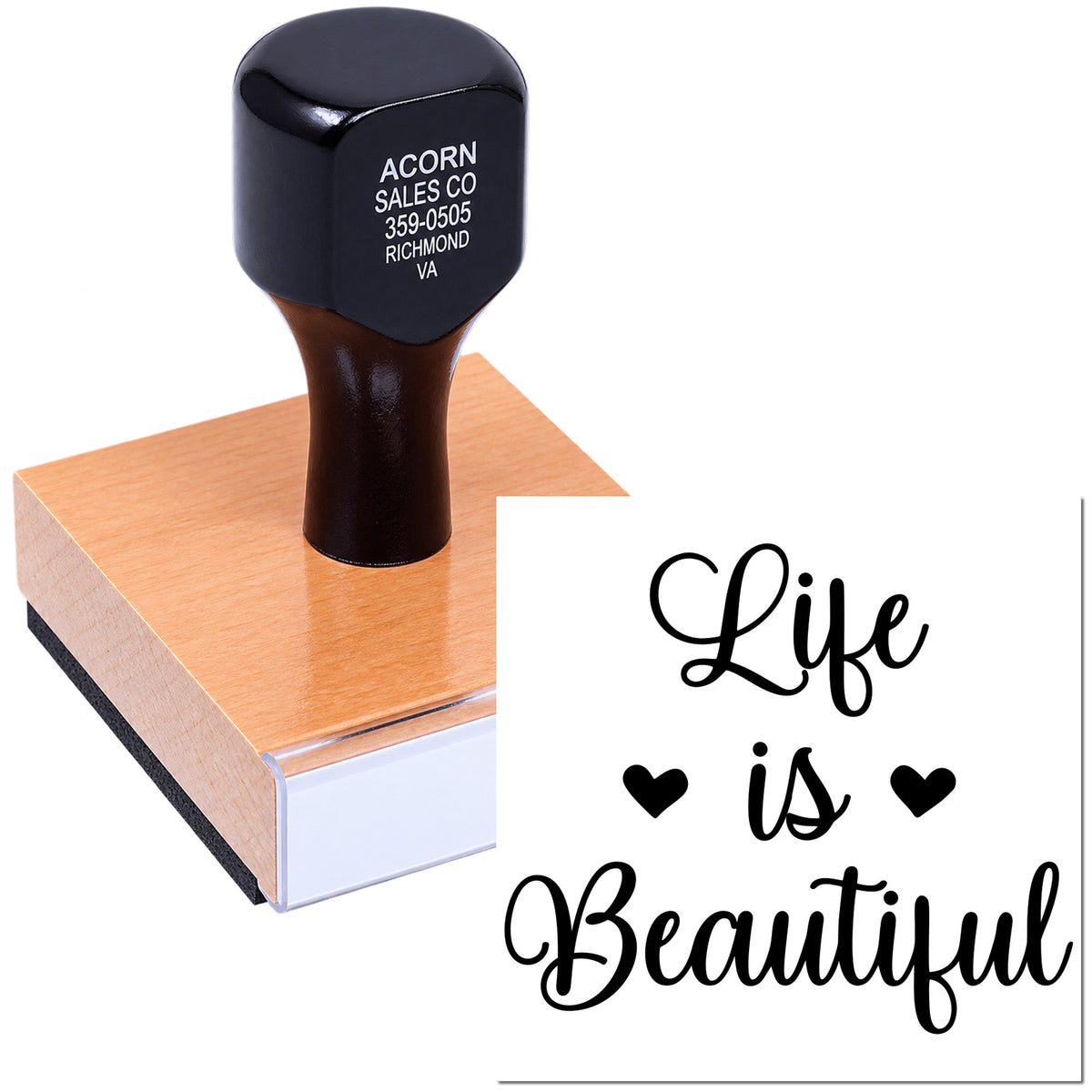 Personalized rubber stamp with Life is Beautiful script and hearts for inspirational crafts and stationery.