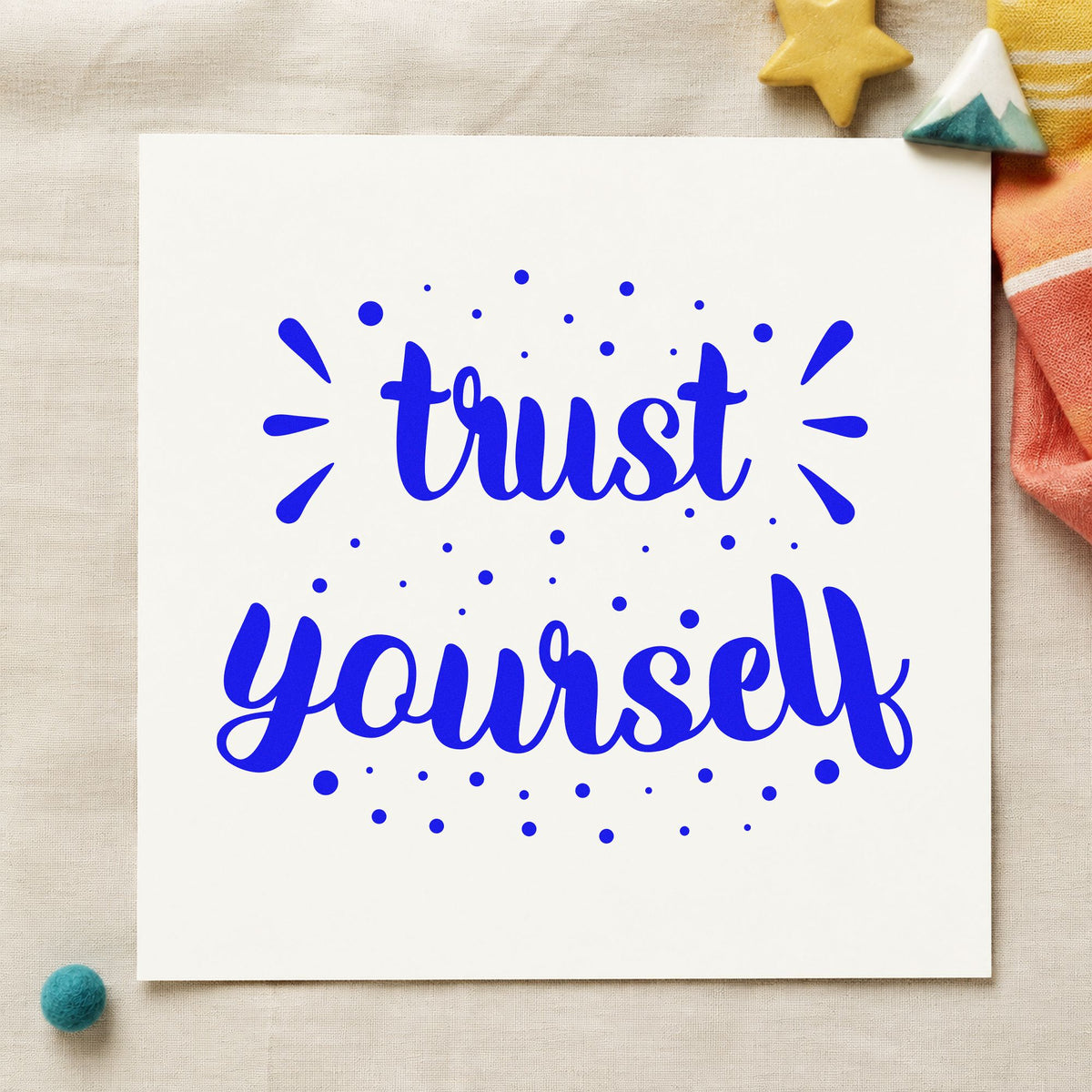 Trust Yourself Dotted Lettering Rubber Stamp – Duo Hand in use 5