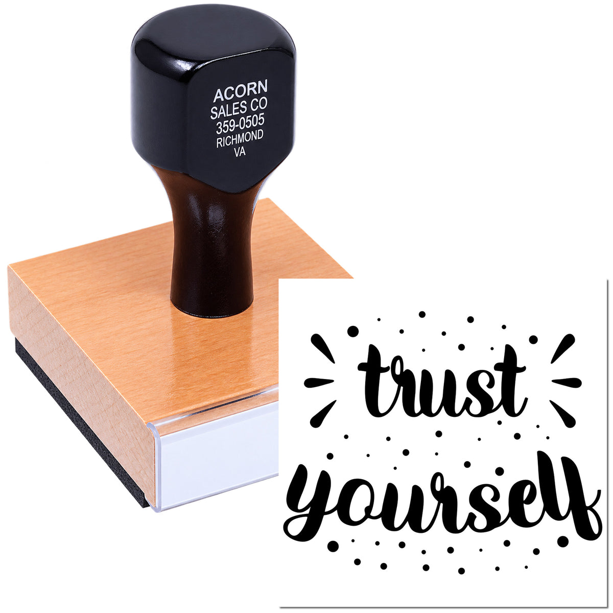 Custom rubber stamp with trust yourself design for inspirational branding, packaging, and craft projects.
