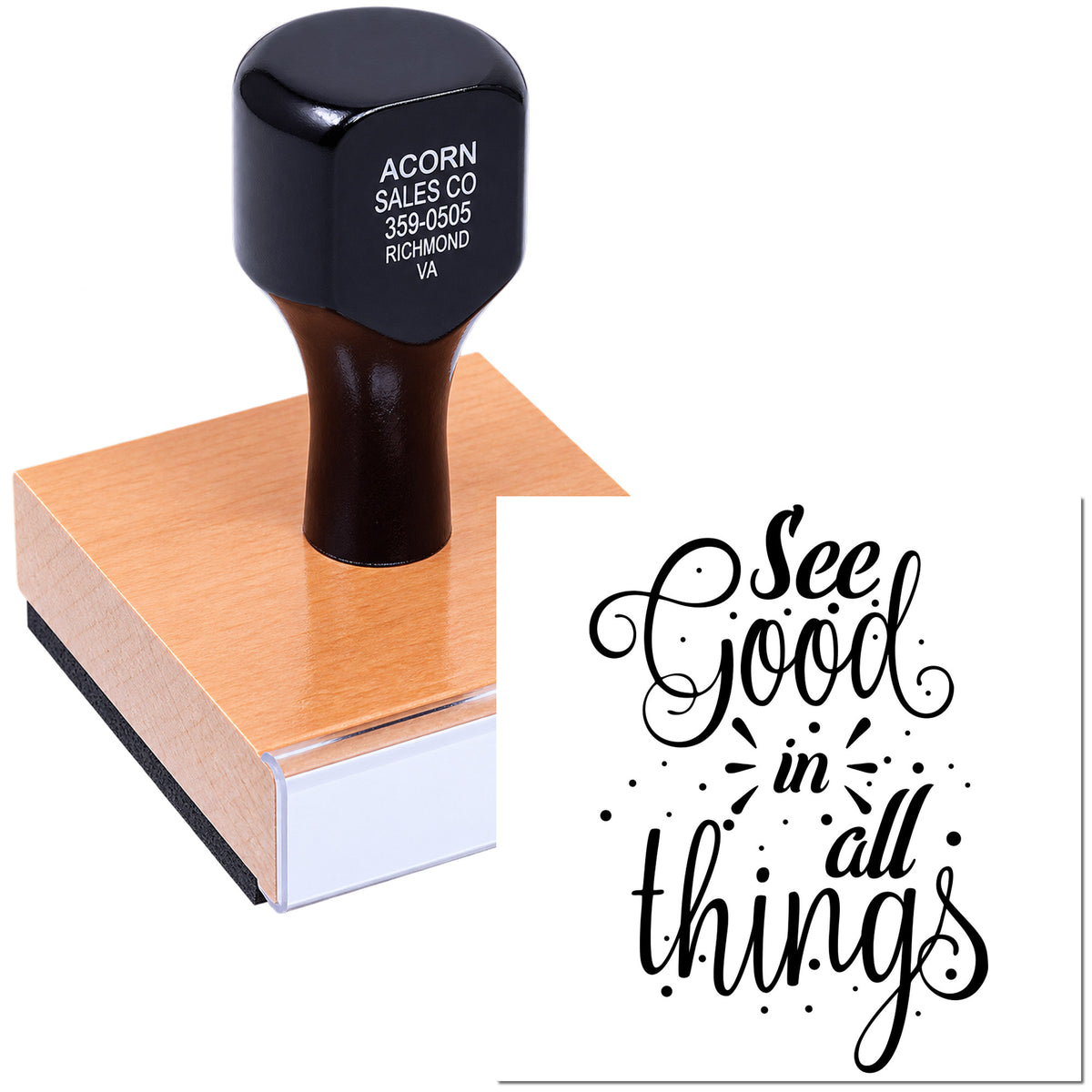 Custom rubber stamp with inspirational See Good in All Things design for crafts, journaling, and handmade packaging.