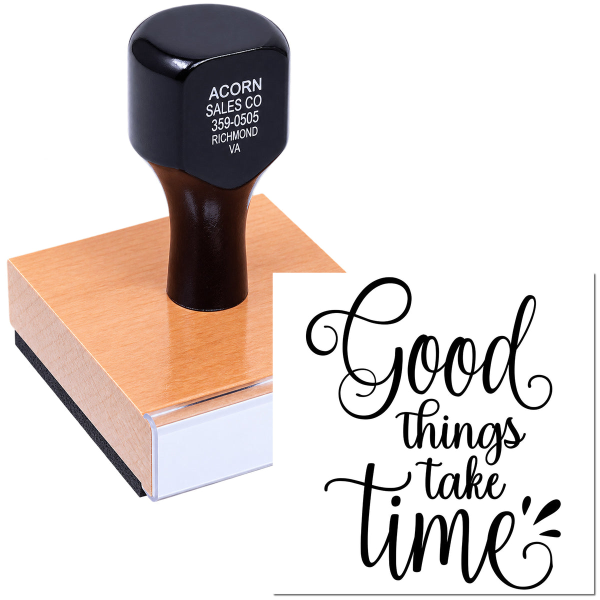 Mounted rubber stamp with handle showing a Good things take time design for crafts, packaging, or handmade branding.
