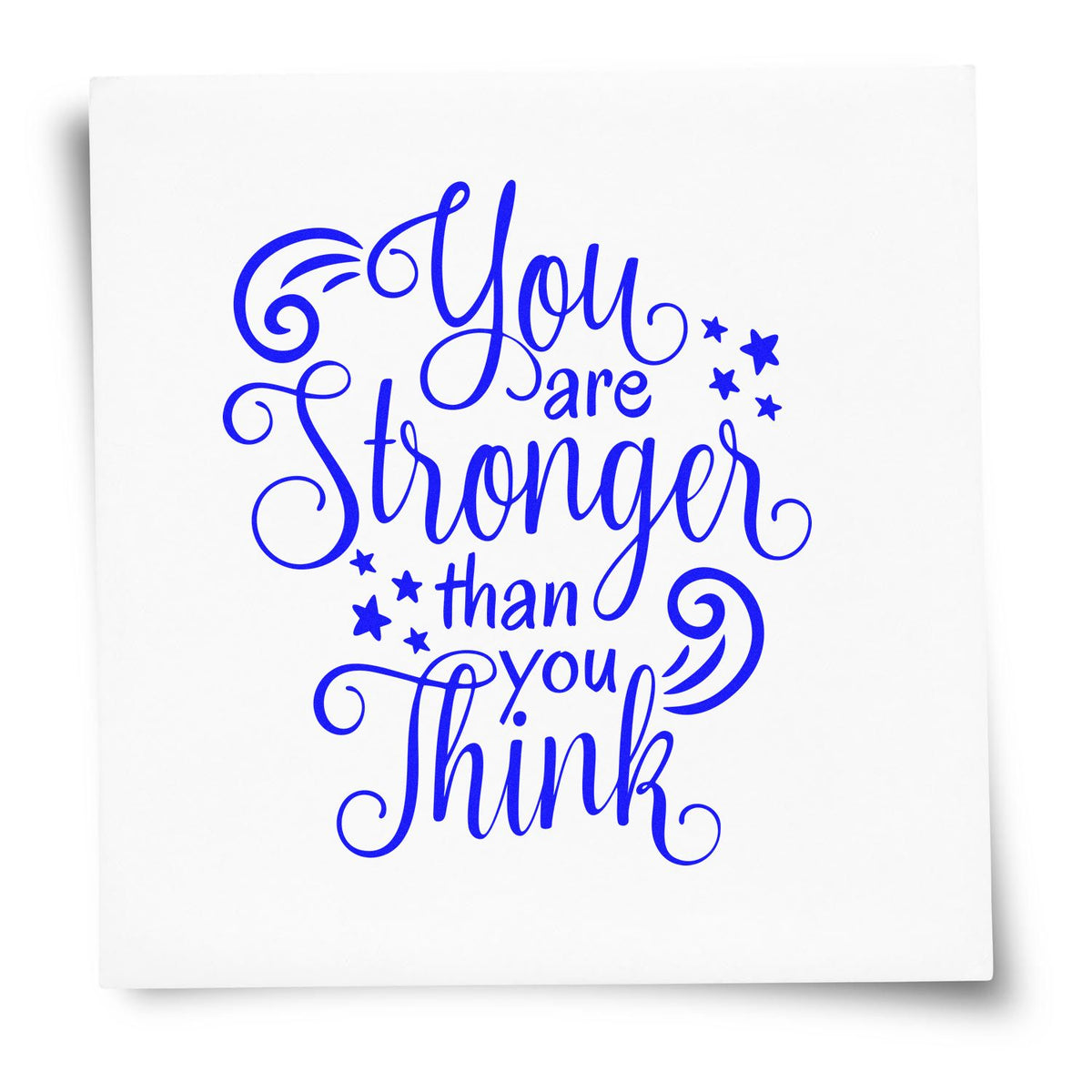 Inspirational rubber stamp design with the quote You are stronger than you think in decorative blue script.