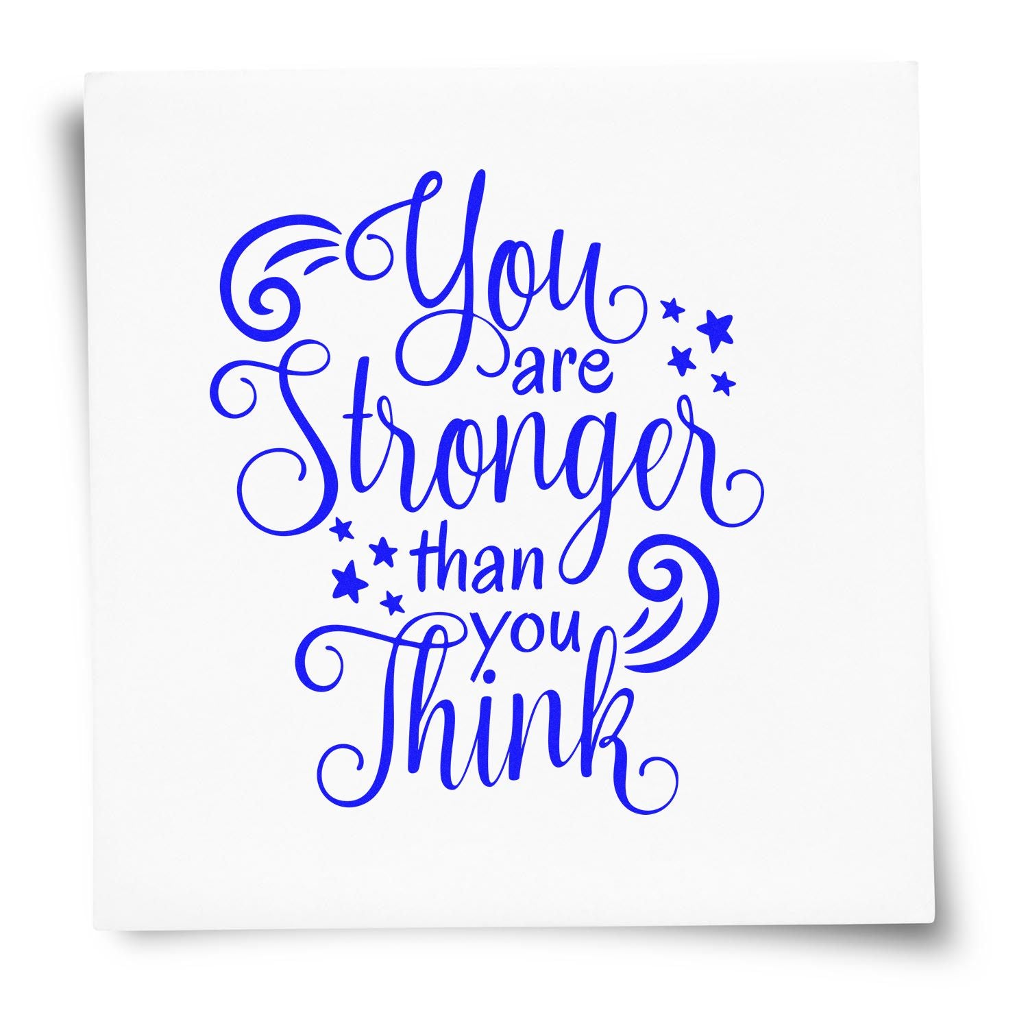 Inspirational quote rubber stamp design reading You are Stronger than you Think in decorative blue script with stars.