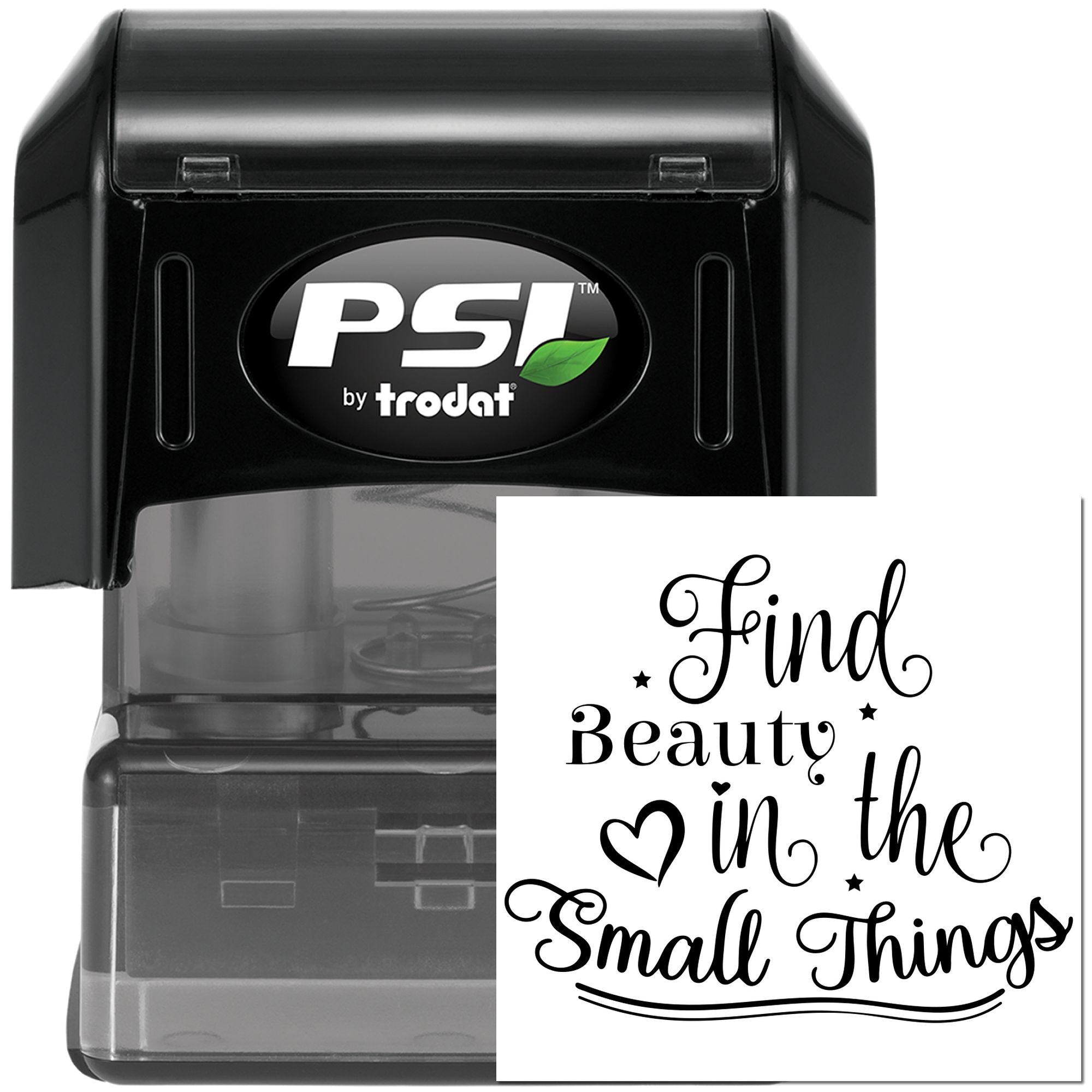 PSI by Trodat self-inking rubber stamp with custom quote, Find beauty in the small things, for crafts and branding