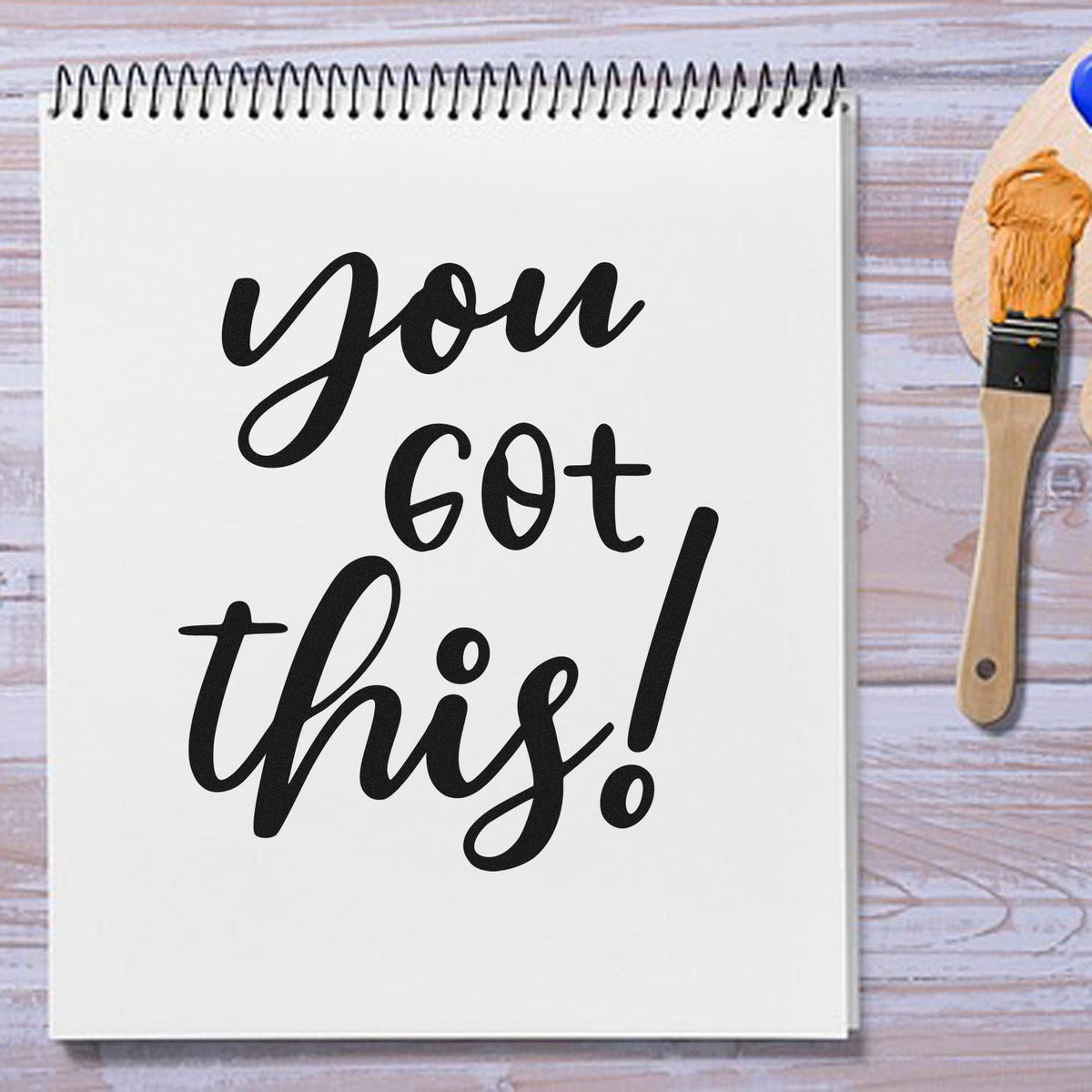 You Got This! motivational rubber stamp design with bold hand-lettered text on a notebook, ideal for crafts and journaling.