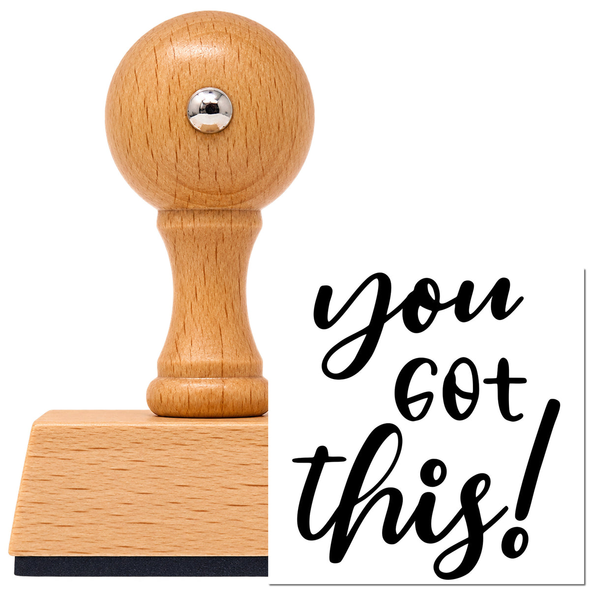 You Got This! Vintage Pro rubber stamp in European beech wood with a round knob handle, shown beside its black imprint.