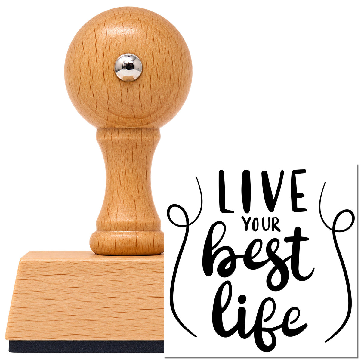 Live Your Best Life Vintage Pro rubber stamp in European beech wood with a round knob handle, shown beside its black imprint.