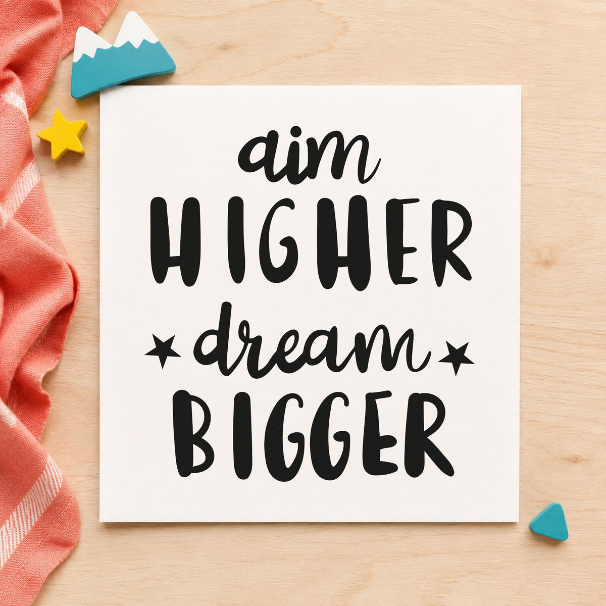 Aim Higher Dream Bigger rubber stamp printed in black ink, ready for two star cards and similar paper crafts.