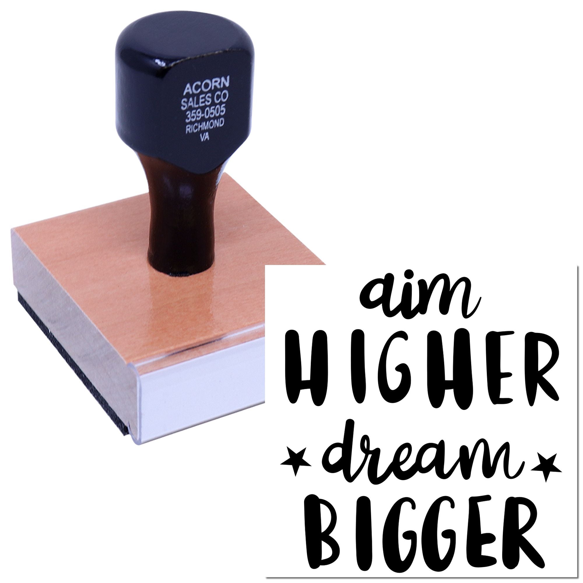 Custom rubber stamp with motivational text aim higher, dream bigger for personalized branding and paper crafts