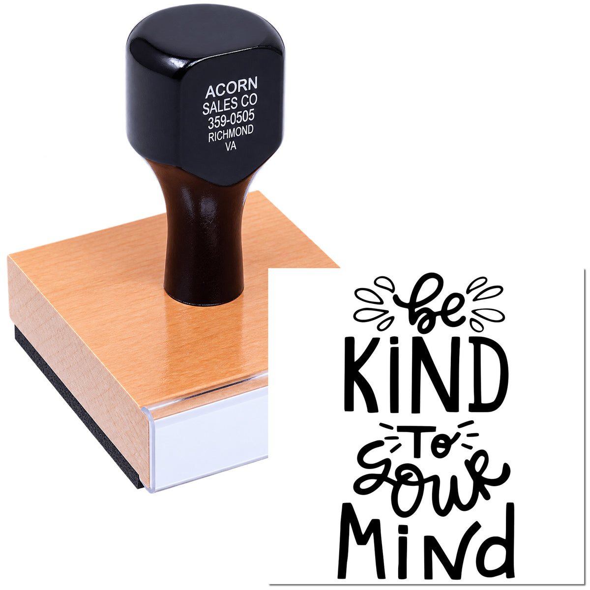 Custom rubber stamp with Be Kind to Your Mind quote for handmade cards, journaling, and motivational crafts.