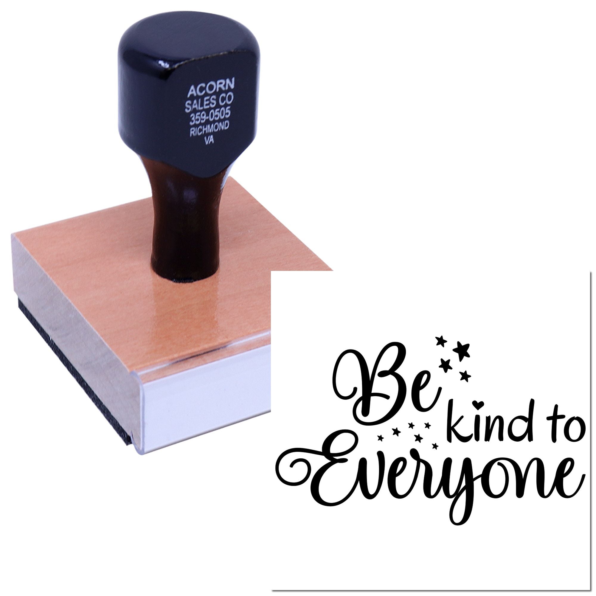 Custom rubber stamp with Be Kind to Everyone design for uplifting crafts, packaging, and handmade business branding.