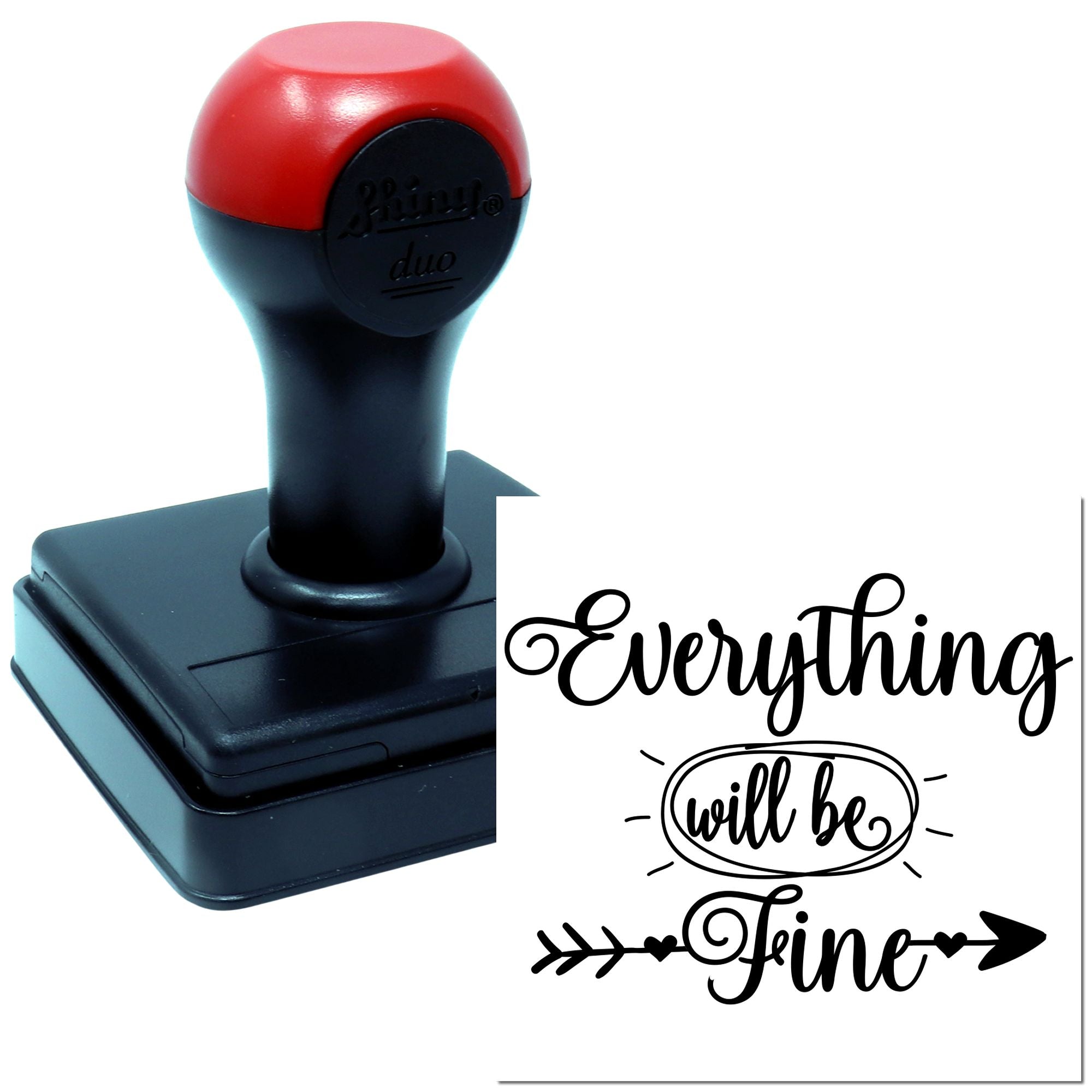 Custom self-inking rubber stamp with motivational phrase Everything will be Fine for crafts, planners, and packaging.
