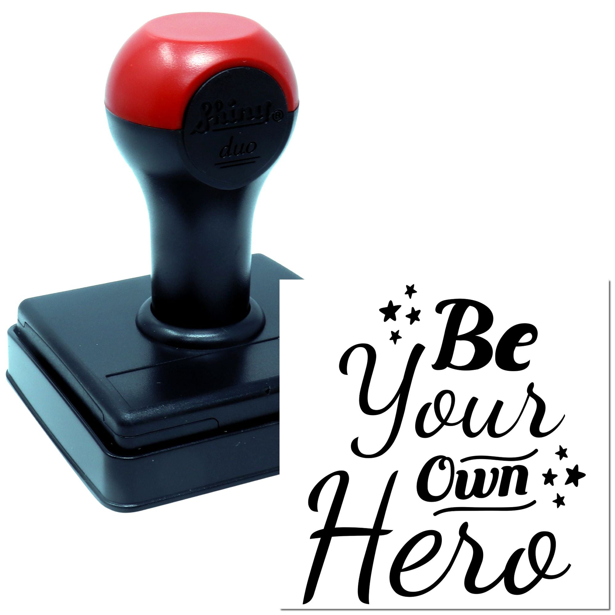 Self-inking rubber stamp with Be Your Own Hero motivational imprint for custom crafting and business branding.