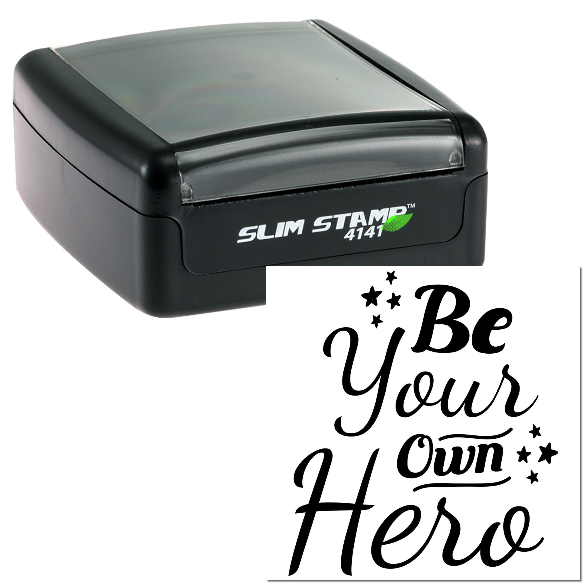 Self-inking rubber stamp with Be Your Own Hero design for personalized motivational stamping and crafts.