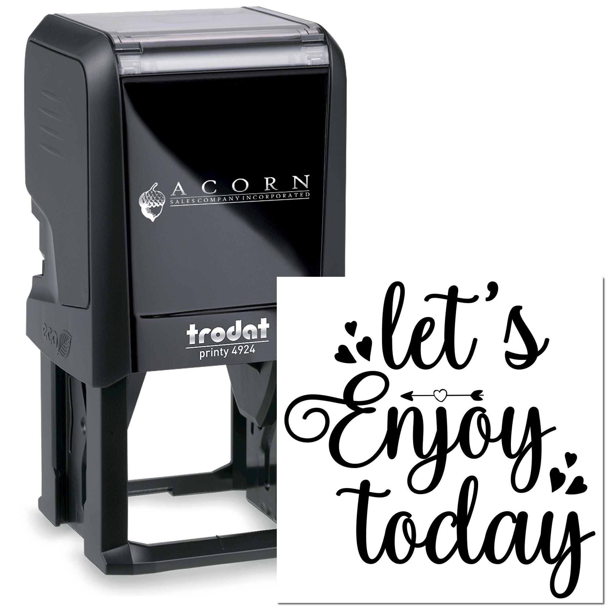 Trodat self-inking rubber stamp with custom Lets Enjoy Today script design for personalized craft stamping.