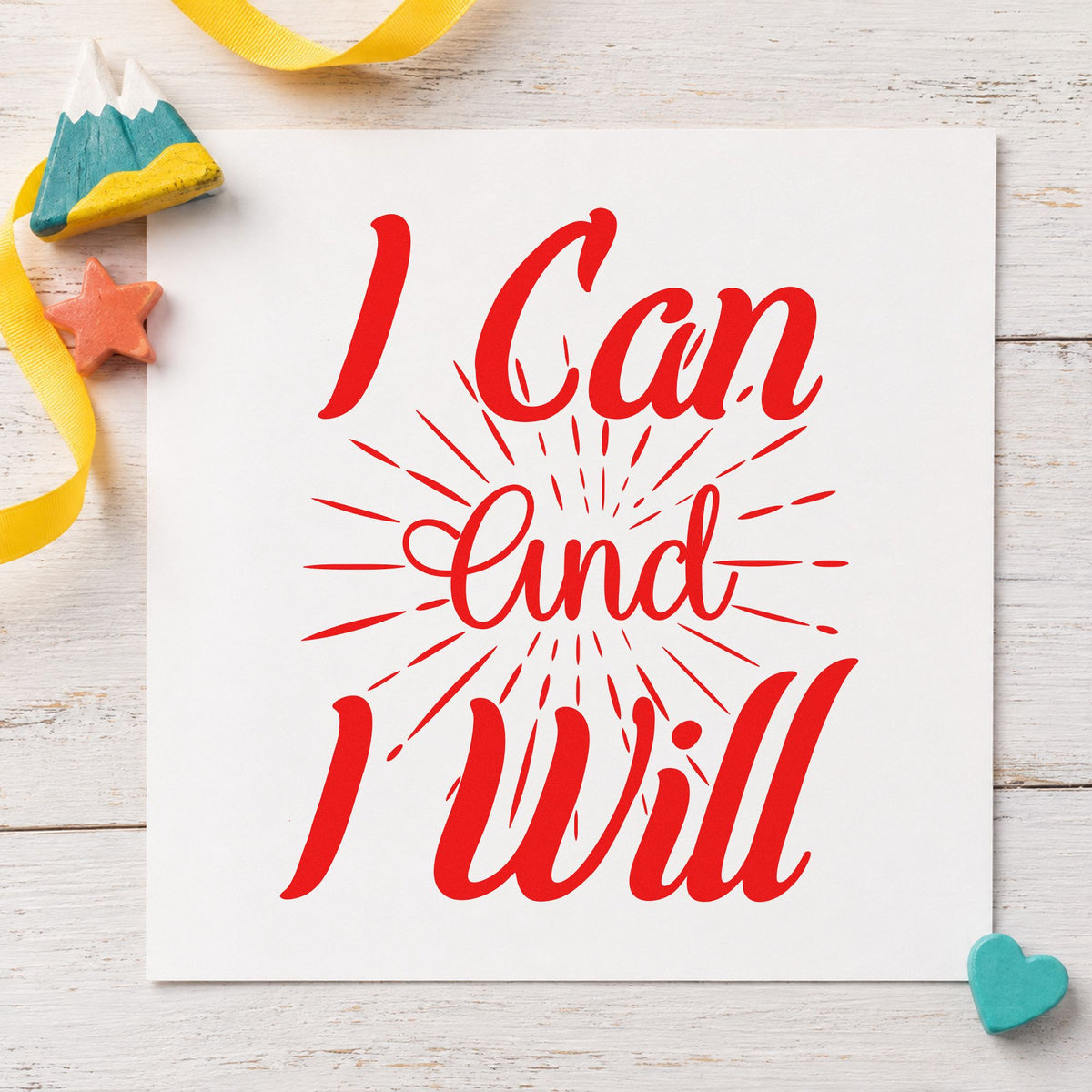 I Can And I Will craft stamp imprint in red ink on a handmade project, one idea being split goal cards.