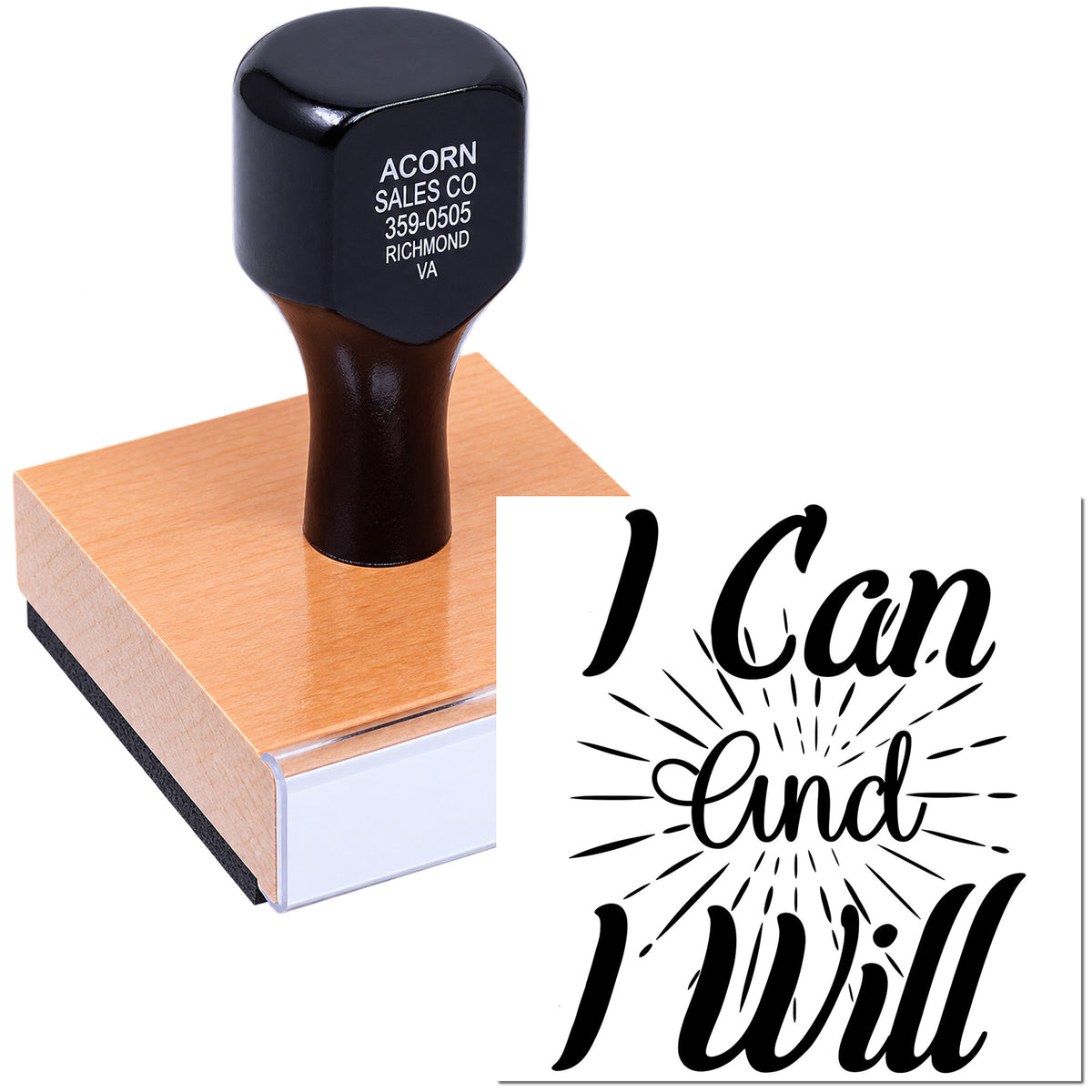 Custom rubber stamp featuring I Can and I Will motivational design for business branding, crafts, and DIY projects.