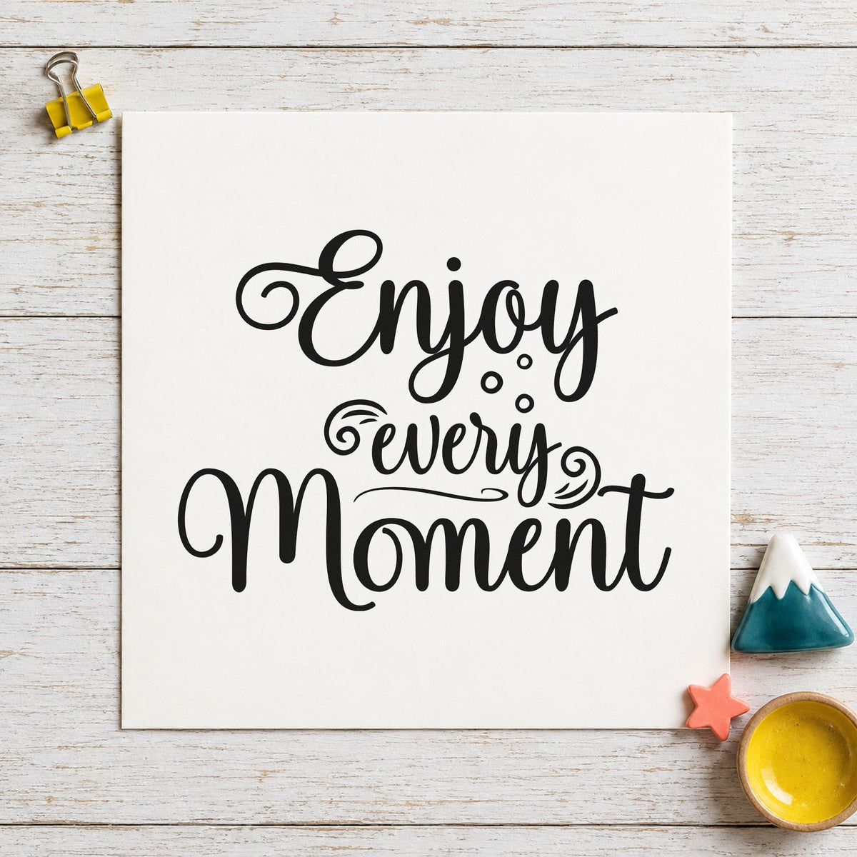 Enjoy Every Moment Flourishes Rubber Stamp – Duo Hand in use 4
