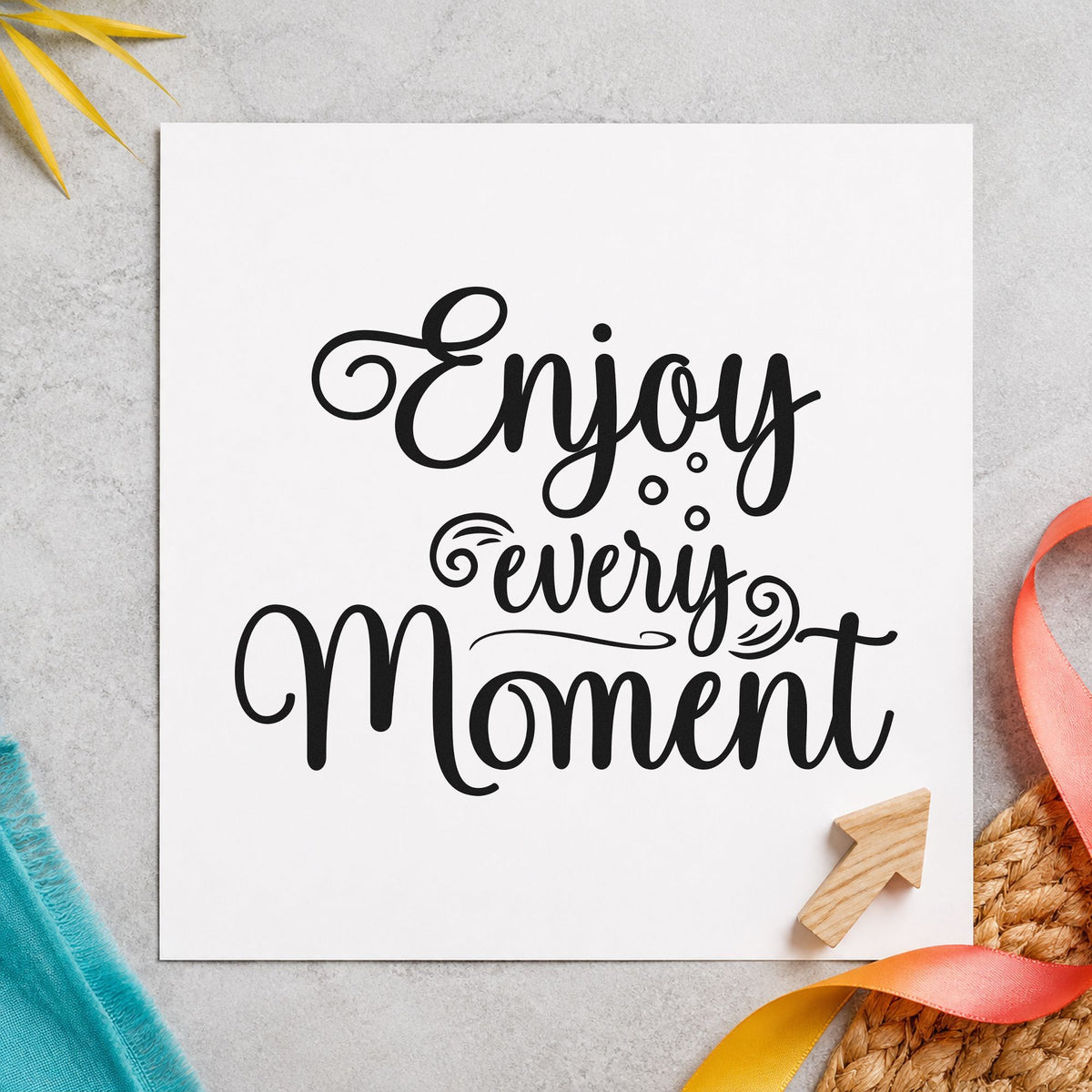 Enjoy Every Moment Flourishes Rubber Stamp – Duo Hand in use 9