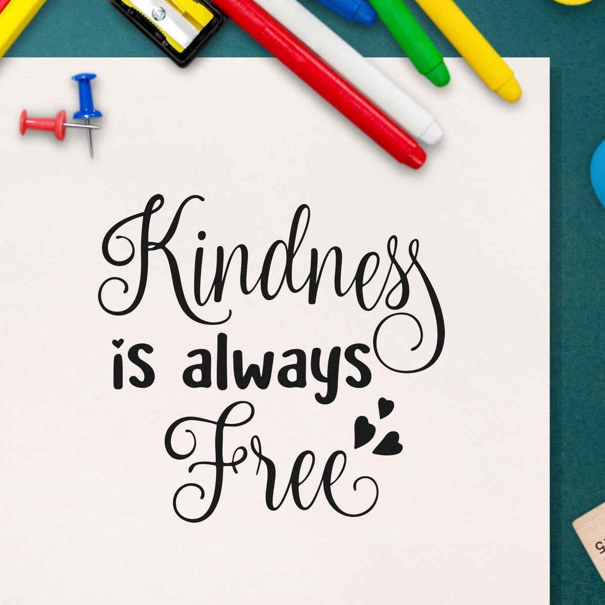 Kindness is always free rubber stamp design in hand-lettered script, surrounded by craft supplies and push pins.