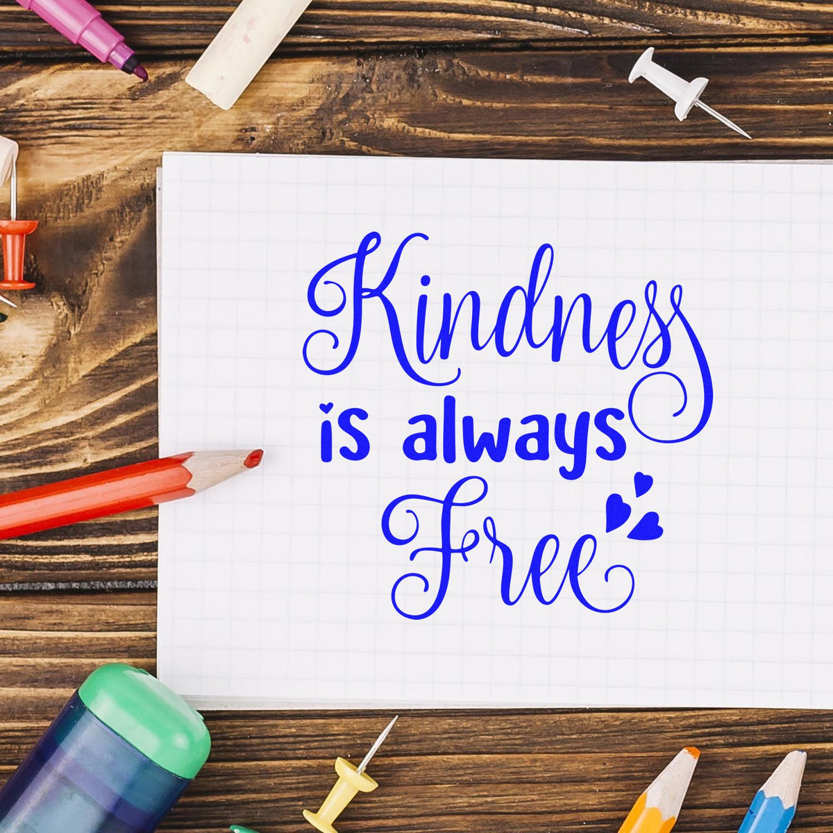 Decorative rubber stamp design reading Kindness is always Free in blue script on a notebook page with stationery.