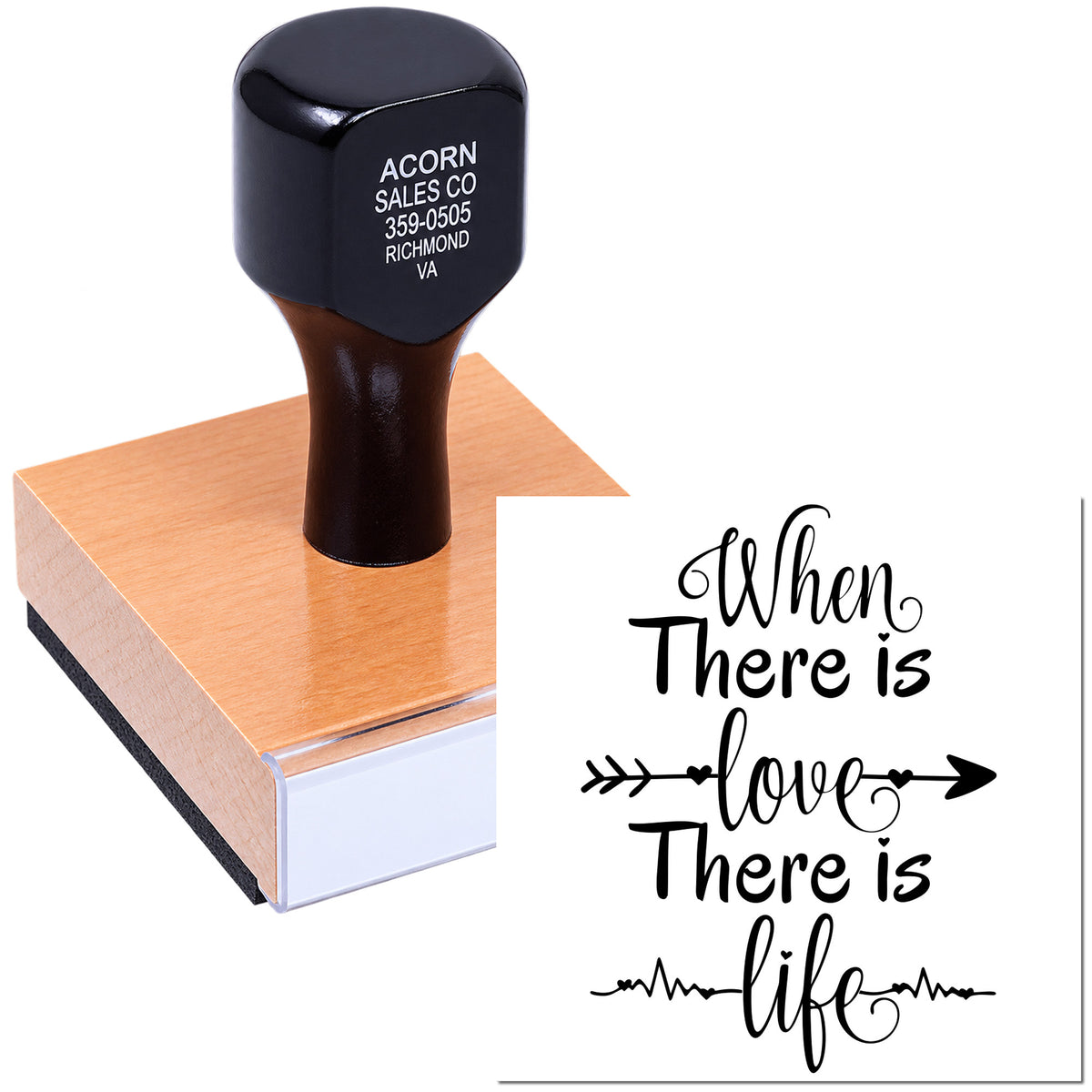 Custom rubber stamp featuring When there is love there is life quote for wedding invitations, cards, and craft projects.
