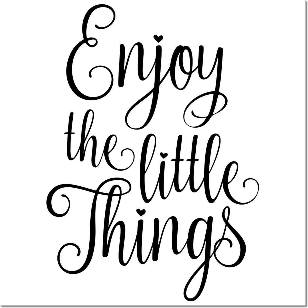 Decorative Enjoy the Little Things rubber stamp design in elegant script with heart accents.