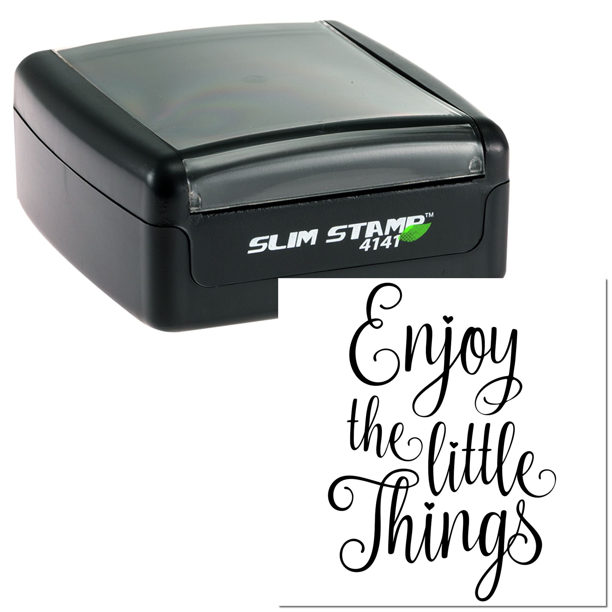 Self-inking rubber stamp with Enjoy the little things quote, ideal for custom craft stamping and stationery projects.