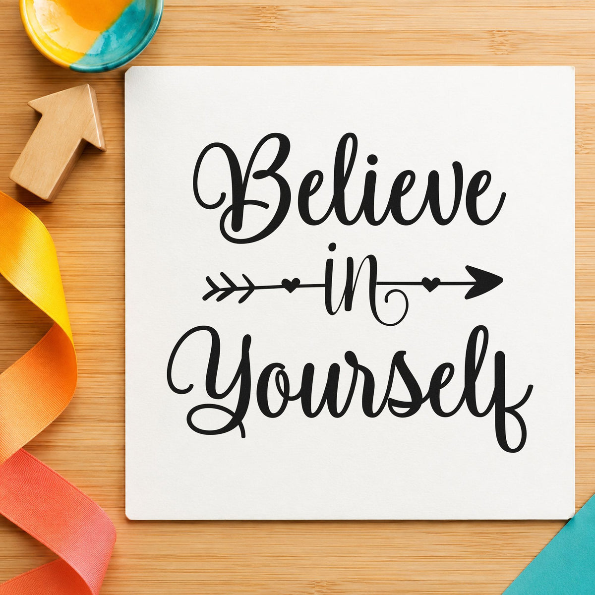 Believe In Yourself Arrow Rubber Stamp – Duo Hand in use 10