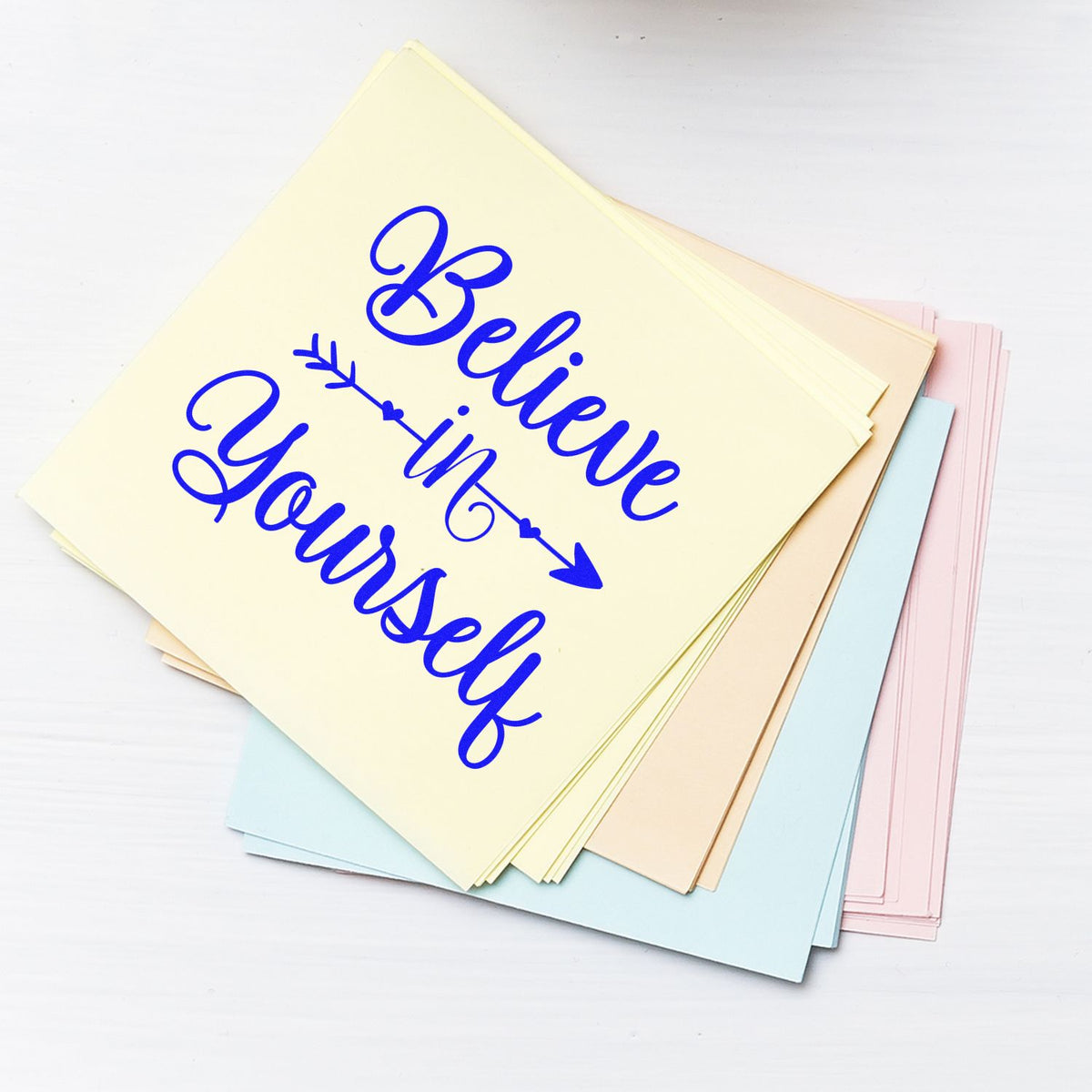 Believe in Yourself motivational rubber stamp design on pastel note cards for inspirational crafting