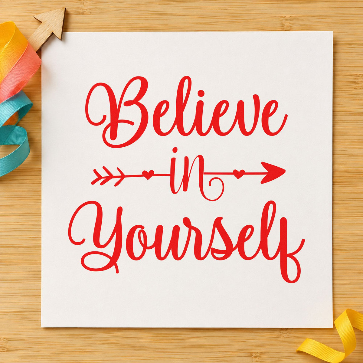 Believe In Yourself Arrow Rubber Stamp – Duo Hand in use 7