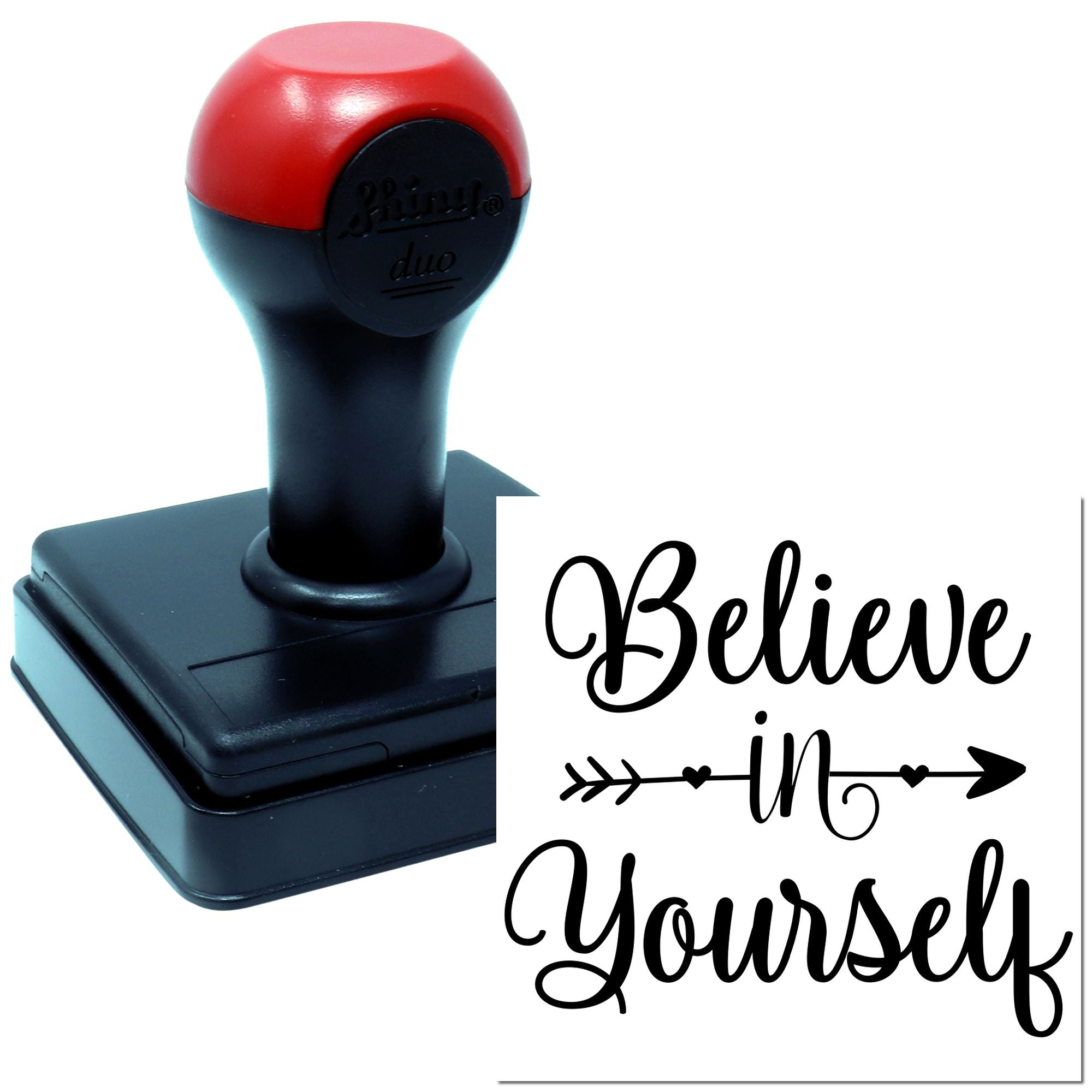 Self-inking rubber stamp with "Believe in Yourself" message for inspirational crafts, journaling, and office use.